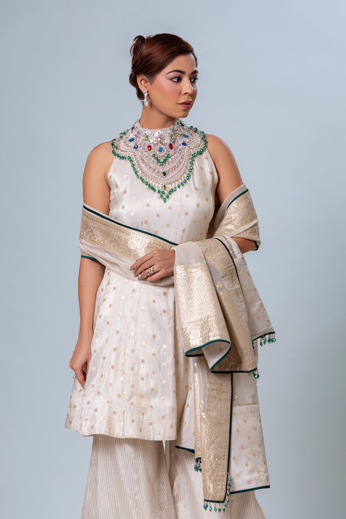 Diya Ivory Tissue Palazzo Suit, Roop Vatika by Raj Arora