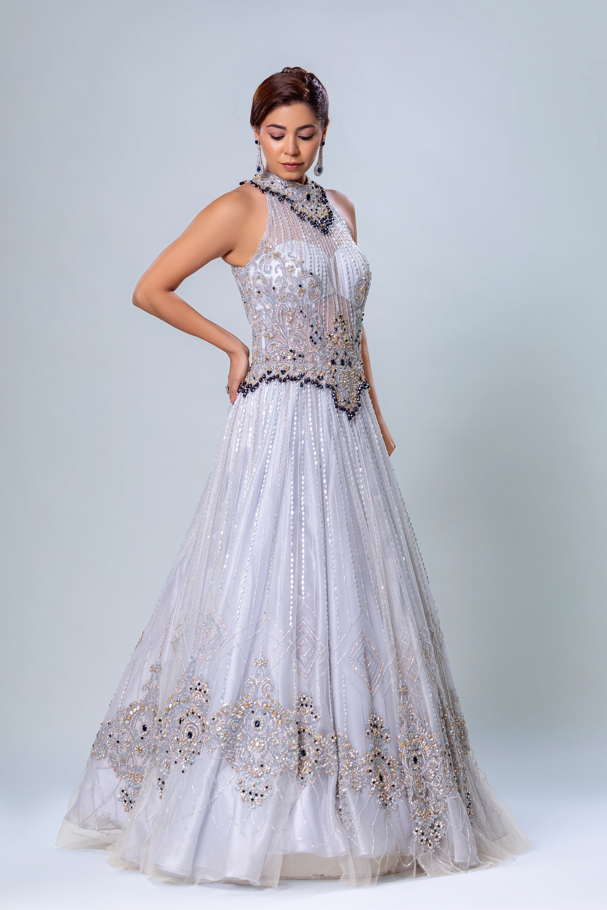 Nishat Ice Blue Metallic A-Line Gown, Roop Vatika by Raj Arora