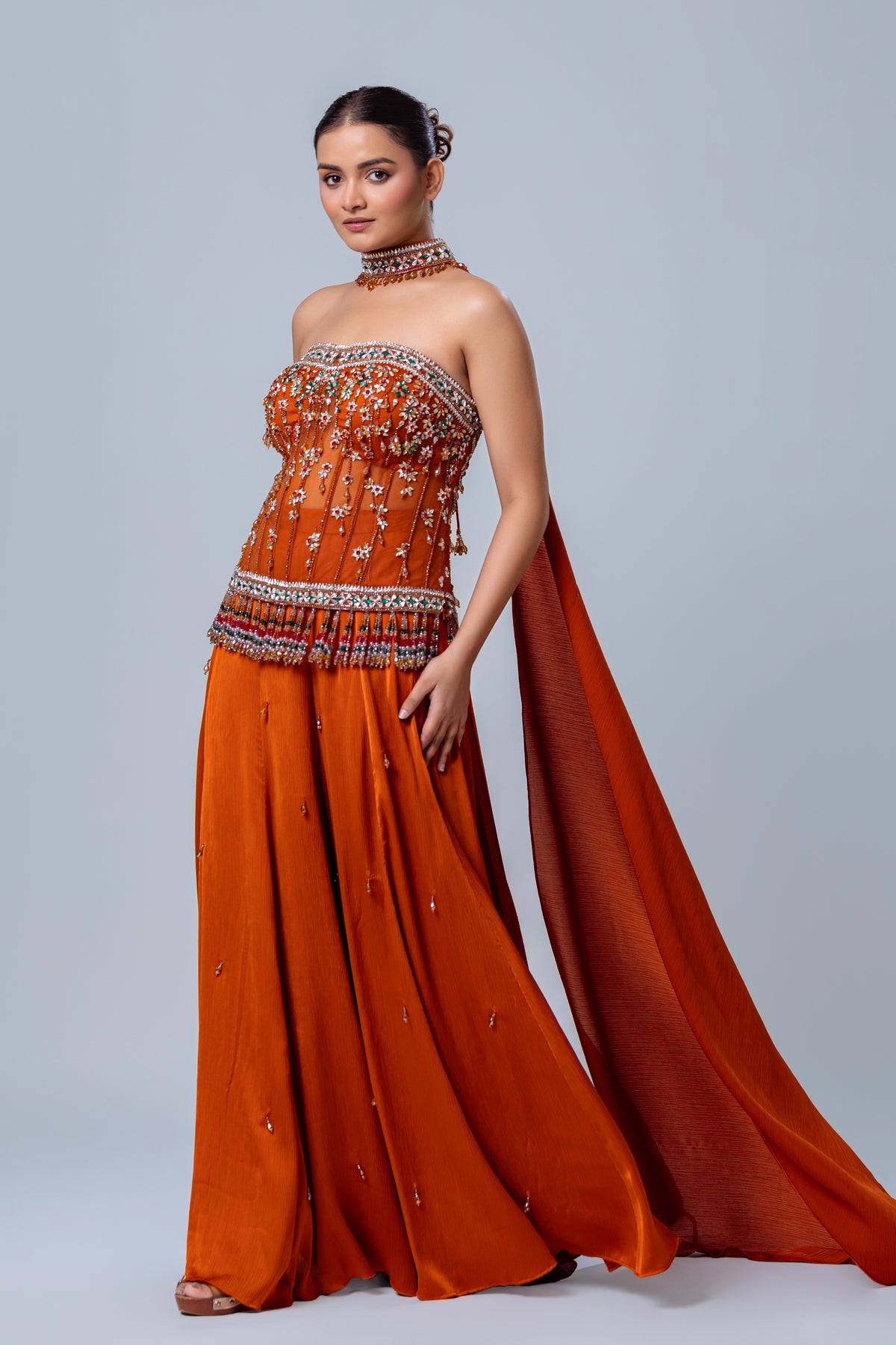 Roohi Rust Long Corset Sharara Set