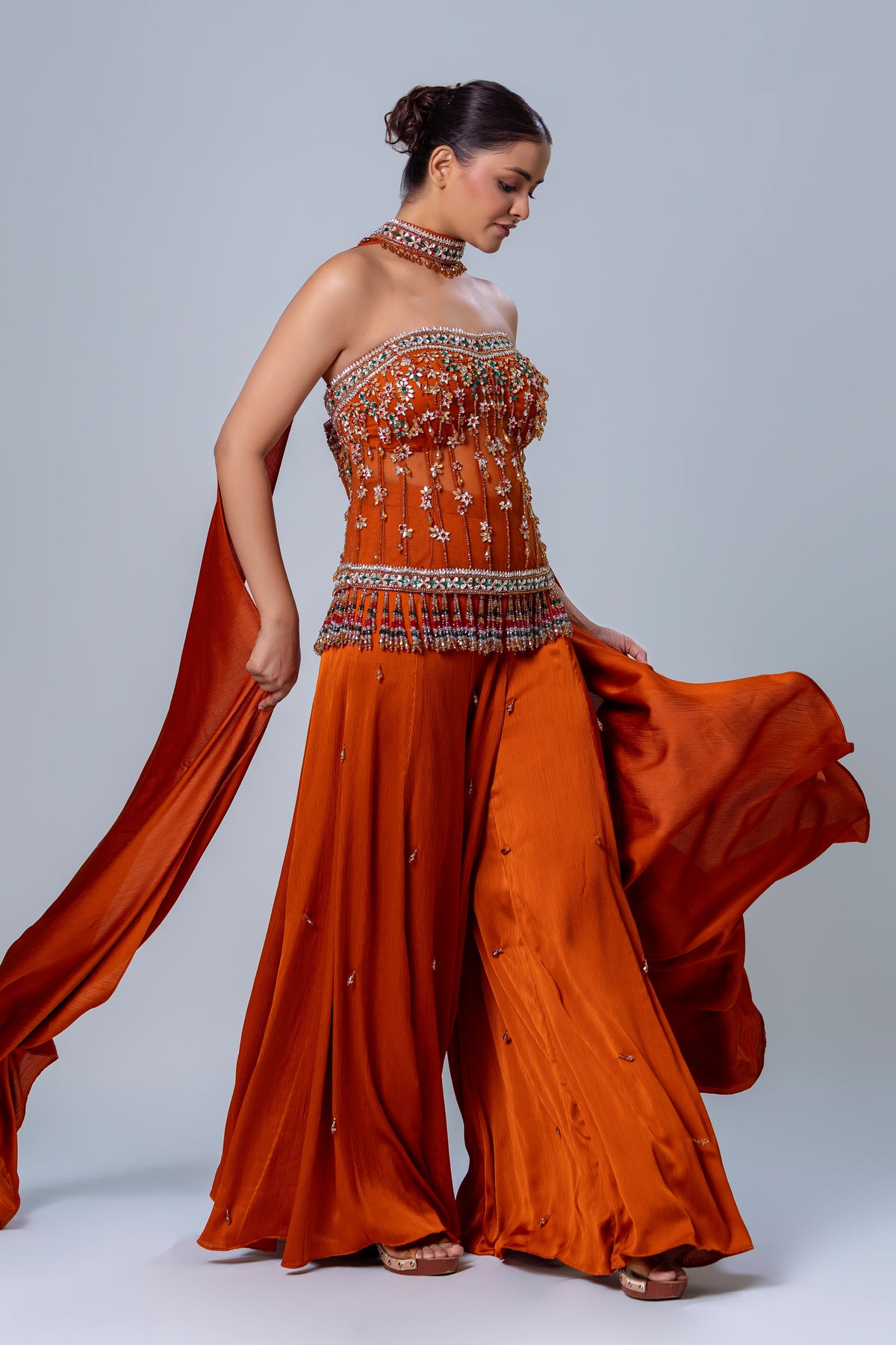 Roohi Rust Long Corset Sharara Set