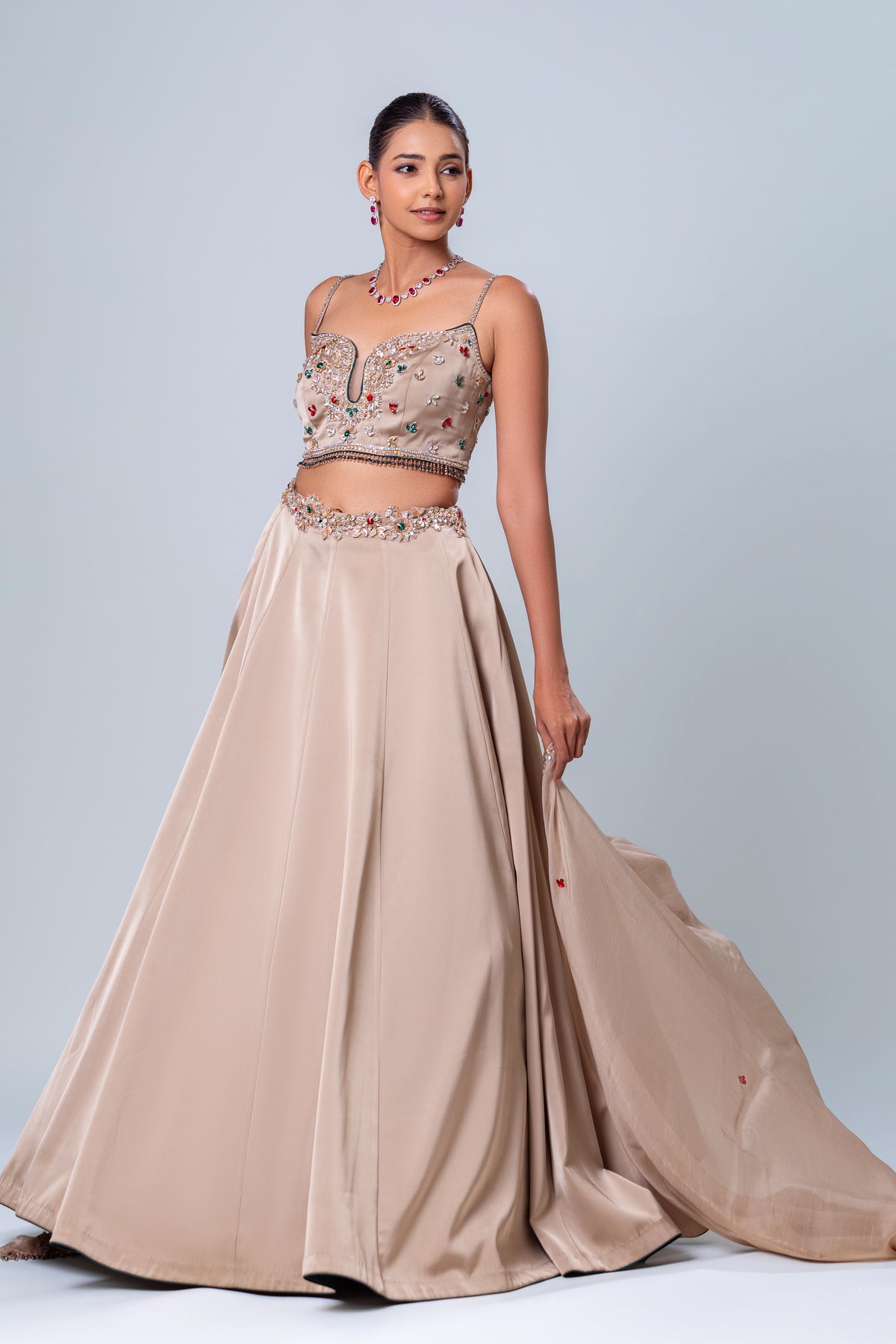 Mehar Beige Spaghetti Strap Crop Top Skirt Set