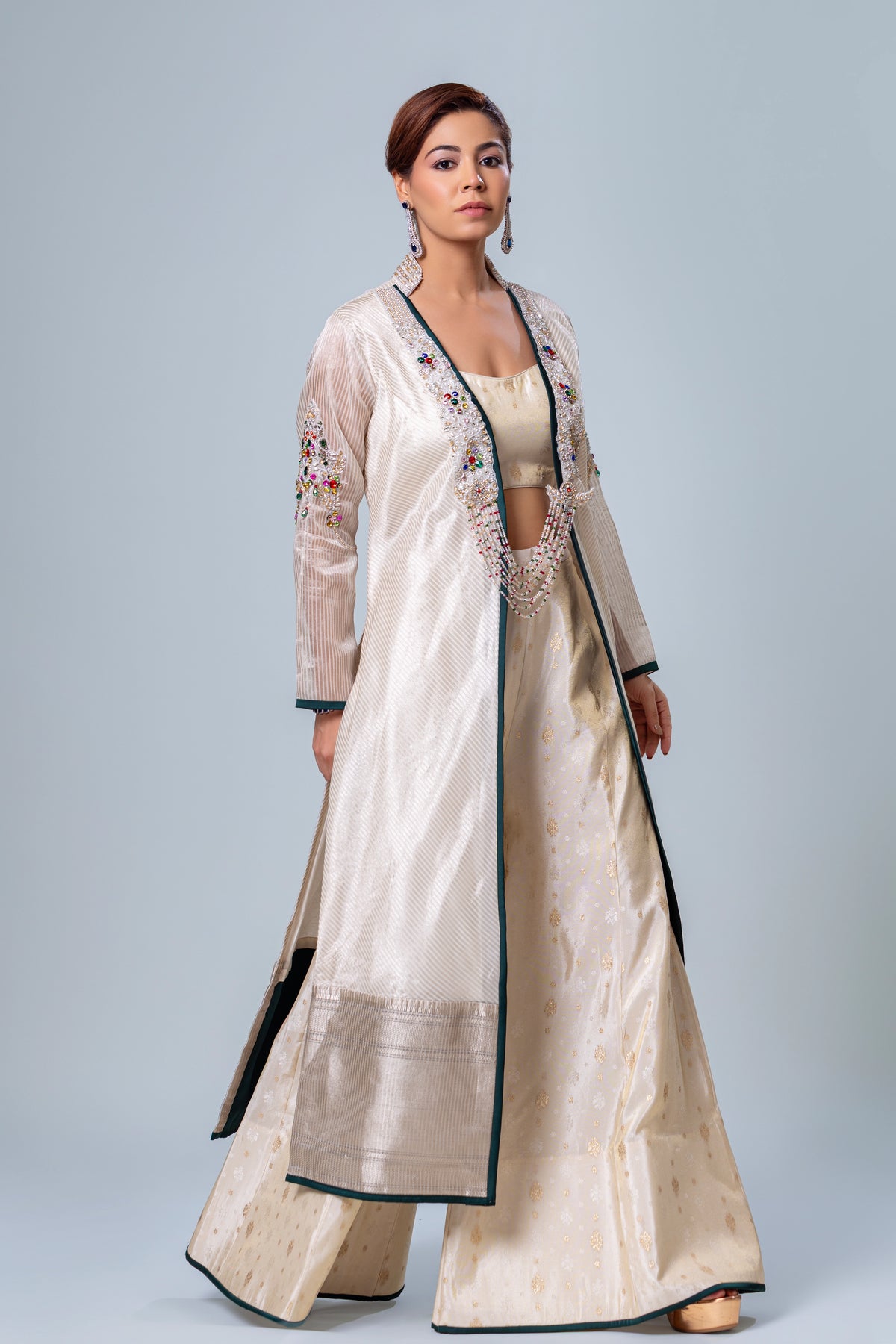 Kanak Ivory Tissue Achkan Palazzo Set