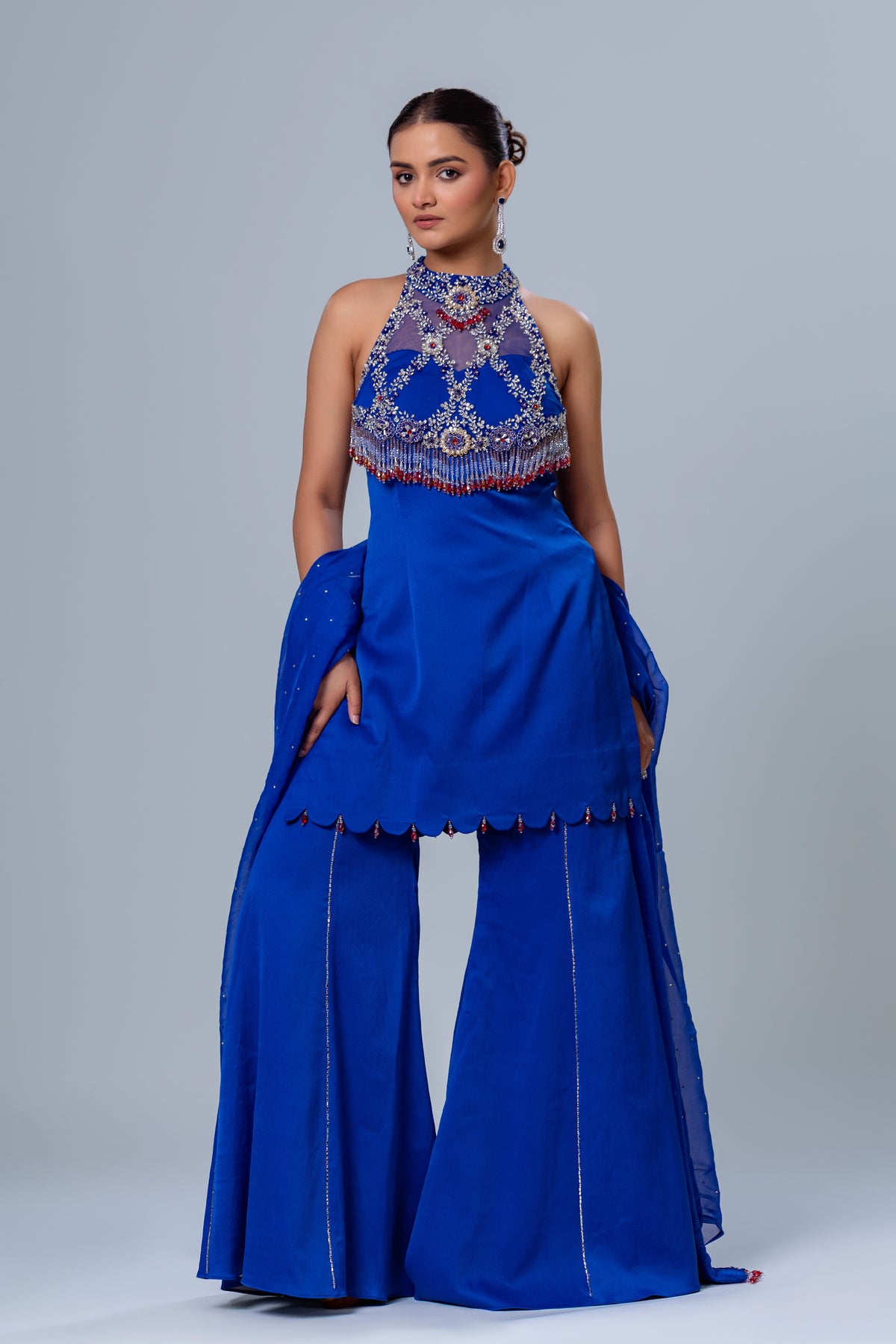 Zoya Royal Blue Halter Bell Bottom Set, Roop Vatika by Raj Arora