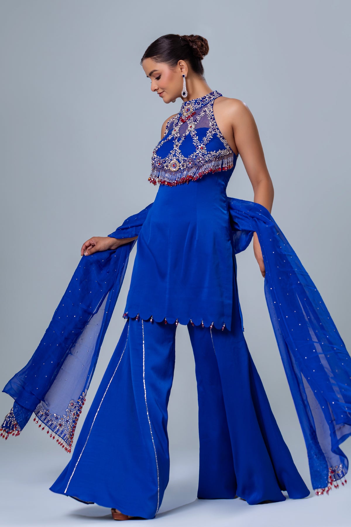 Zoya Royal Blue Halter Bell Bottom Set, Roop Vatika by Raj Arora