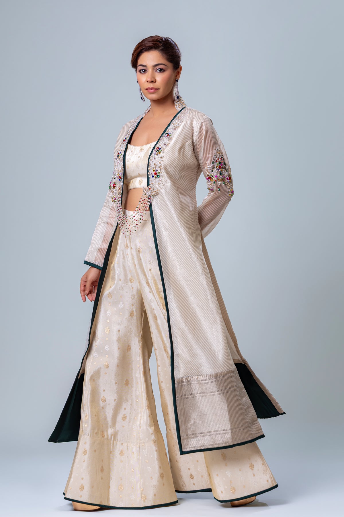 Kanak Ivory Tissue Achkan Palazzo Set