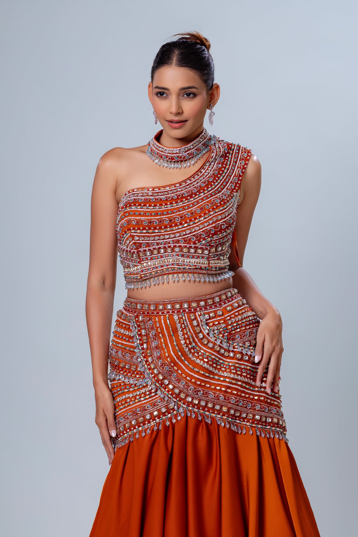 Maahera Rust One-Shoulder Skirt Set