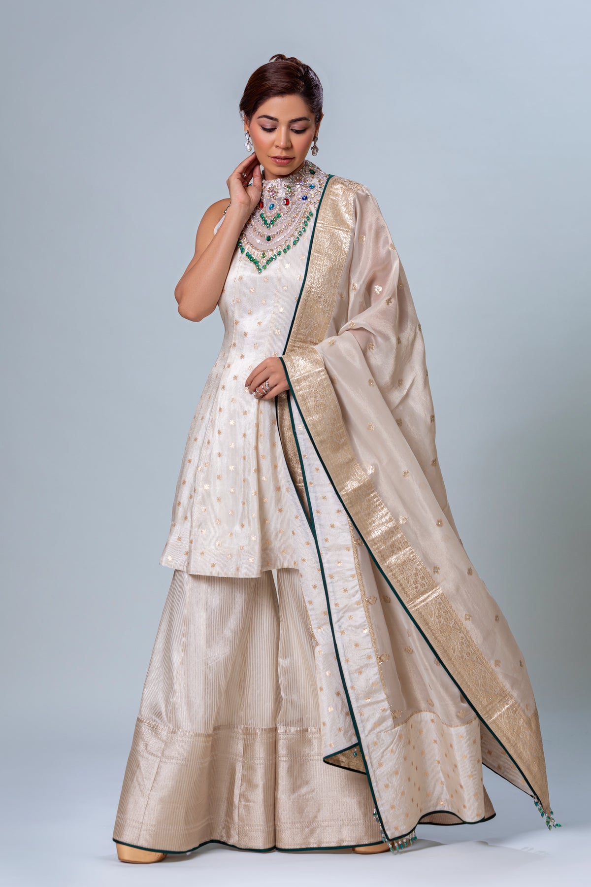 Diya Ivory Tissue Palazzo Suit, Roop Vatika by Raj Arora