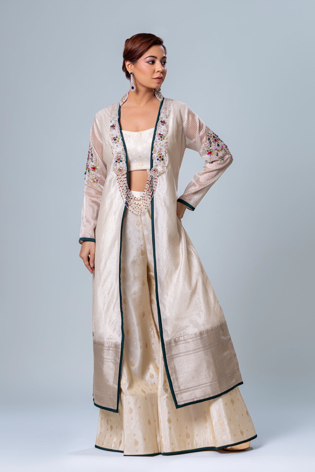 Kanak Ivory Tissue Achkan Palazzo Set