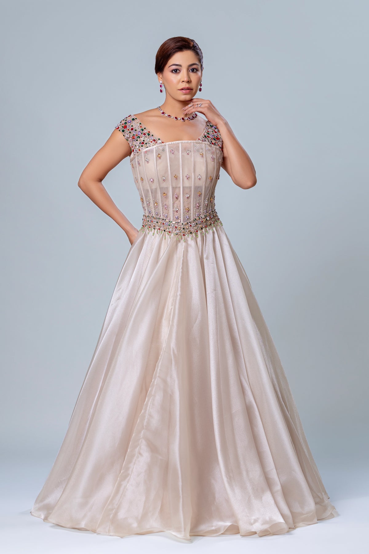 Kyra Sea Foam Belted Corset Gown