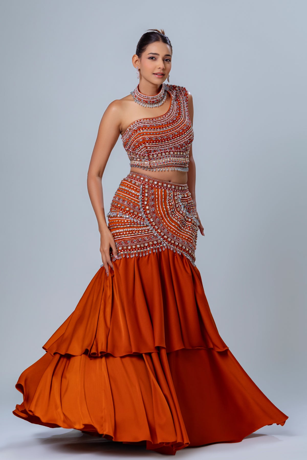 Maahera Rust One-Shoulder Skirt Set