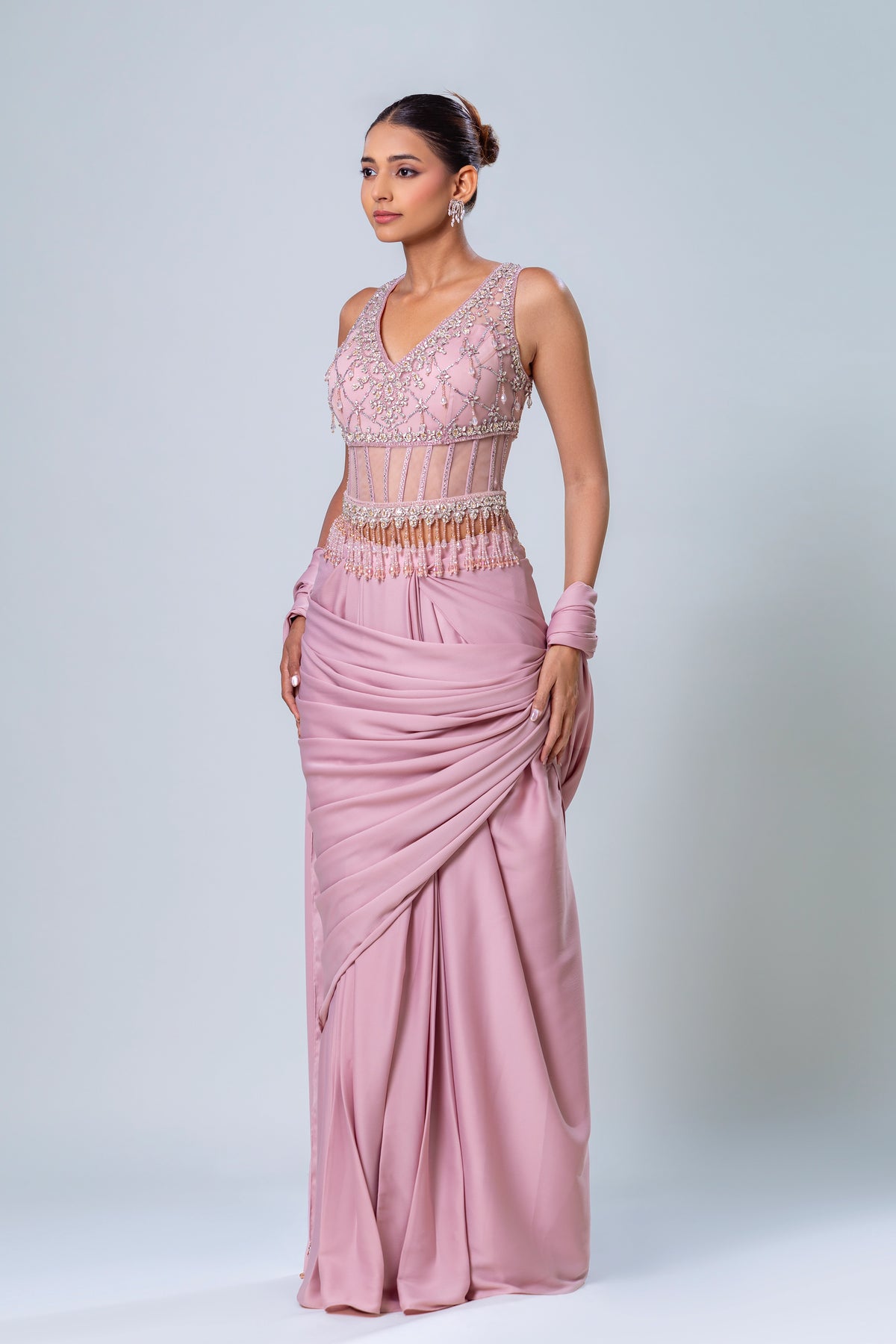 Rhea Blush Berry Corset Drape Saree