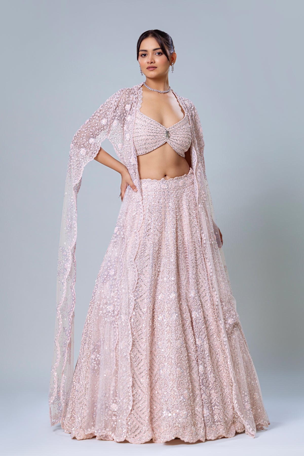 Gulnaz Powder Pink Cape Lehenga Set, Roop Vatika by Raj Arora