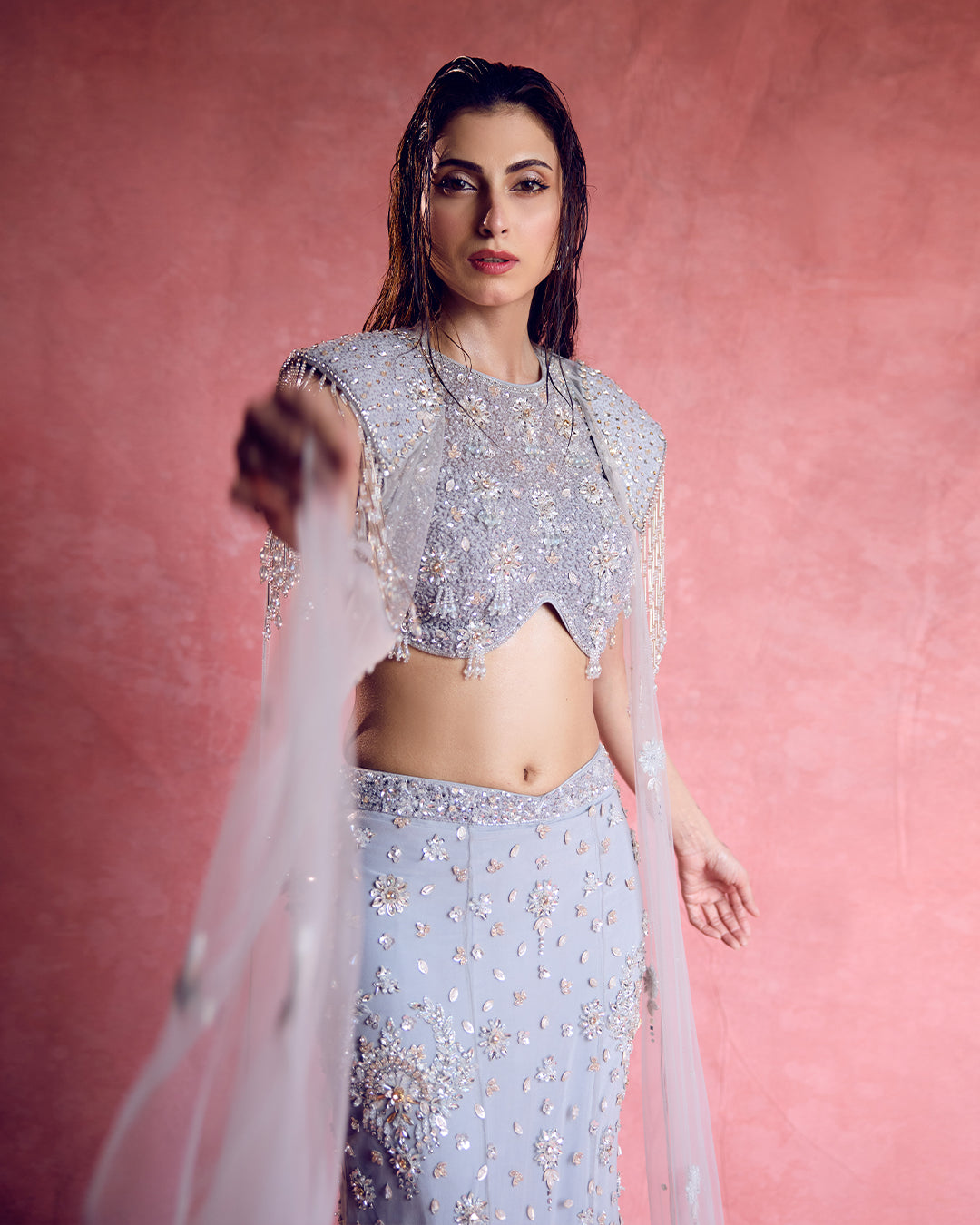 Pari Grey Cape Lehenga Set, Roop Vatika by Raj Arora