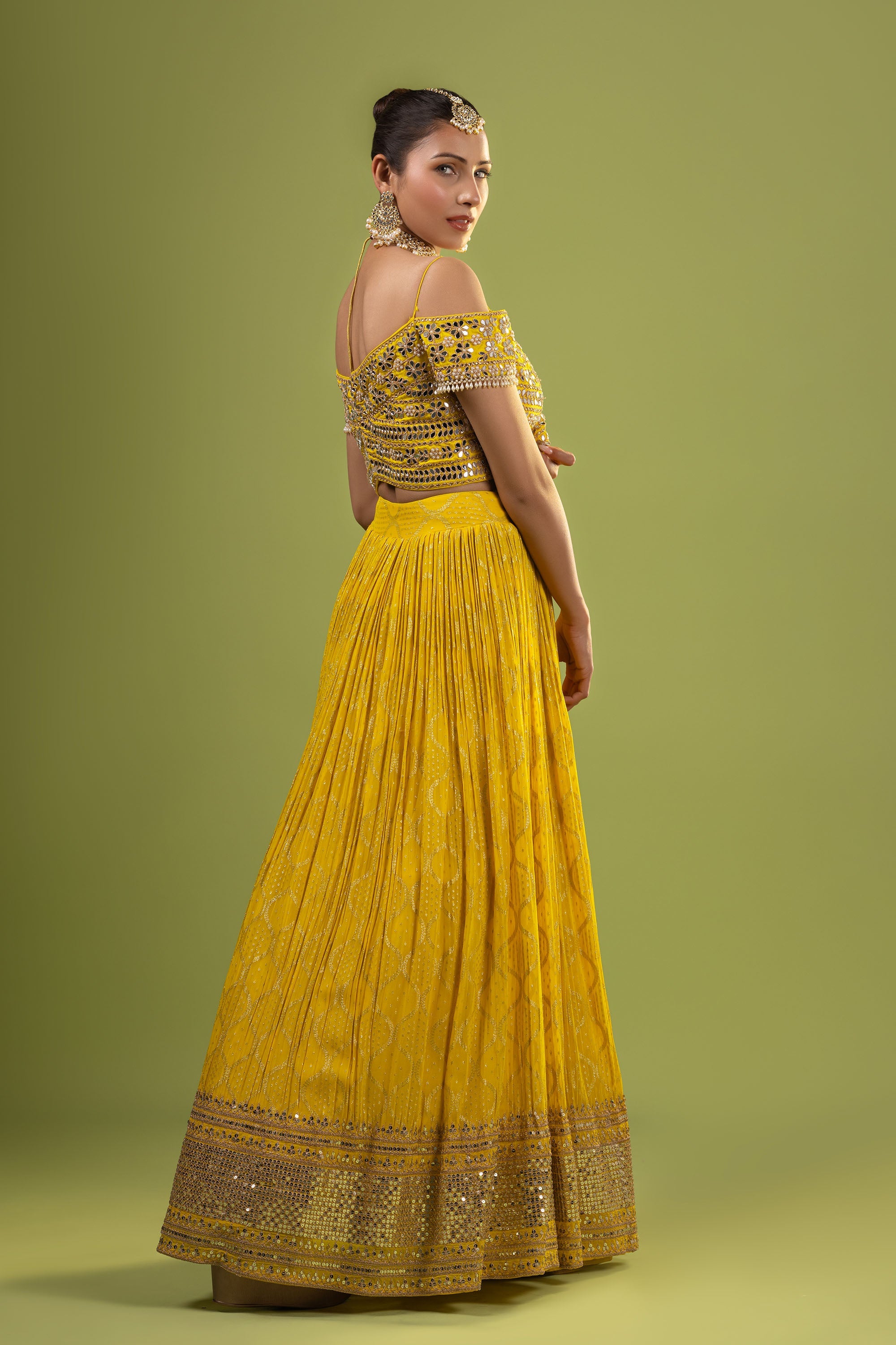 Yellow georgette crop top with skirt