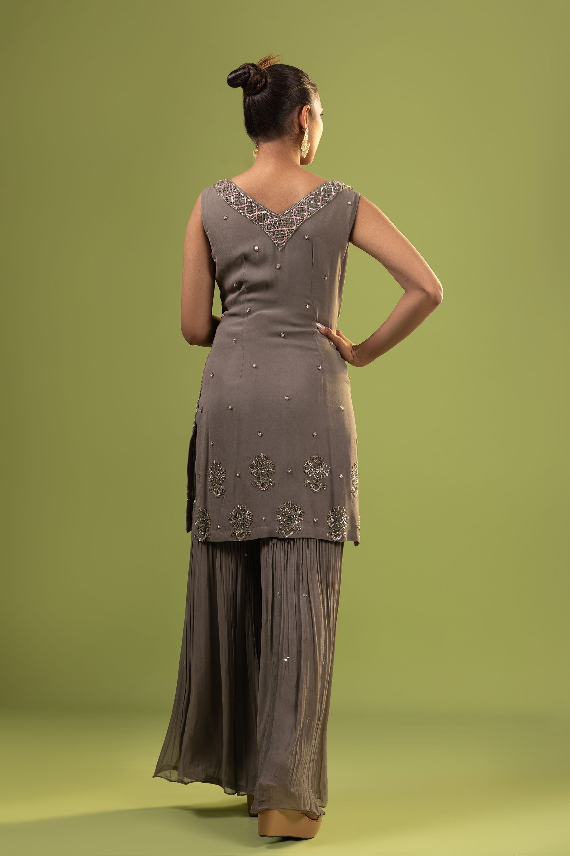 Grey suit with sharara in cutdana