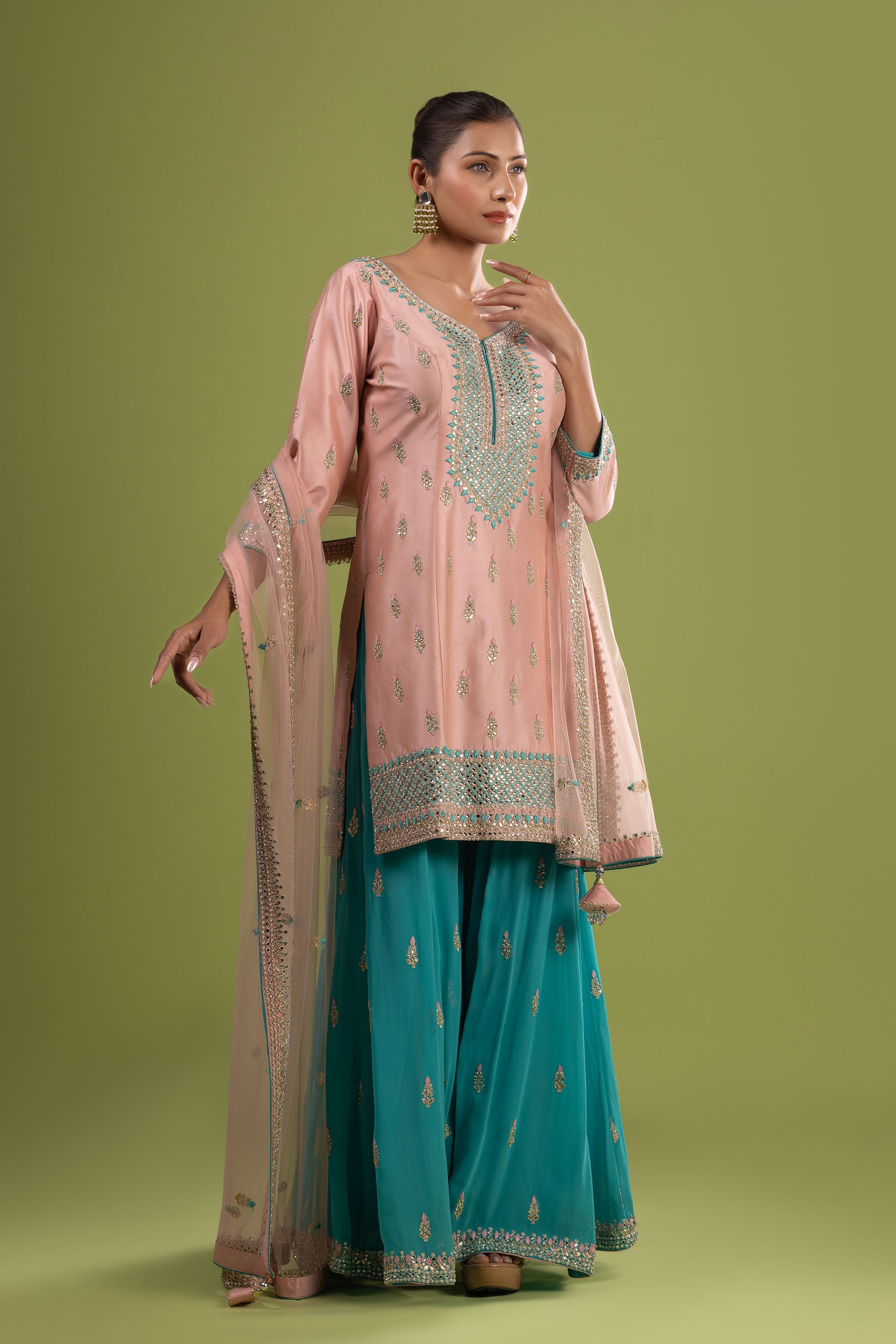 Firozi pink classic silk suit with gota