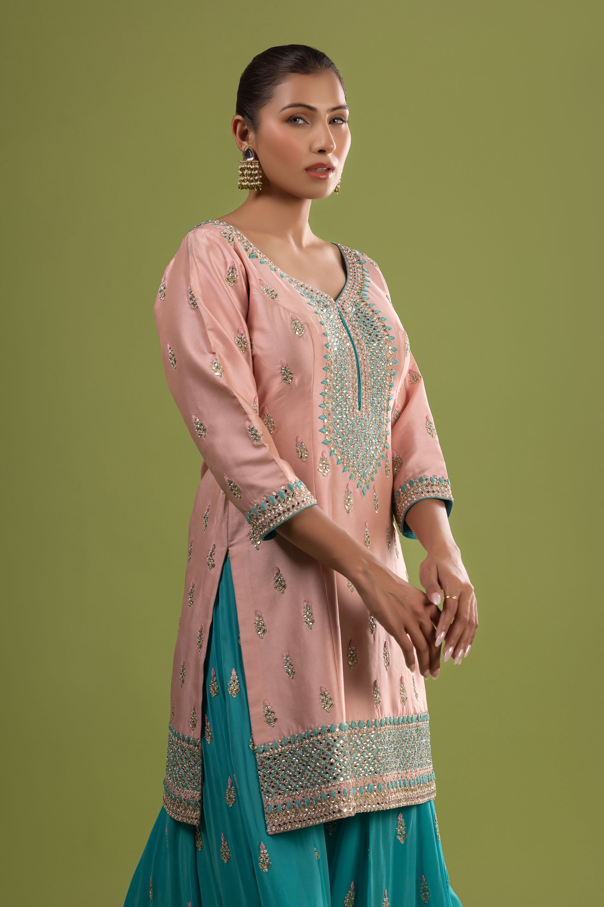 Firozi pink classic silk suit with gota