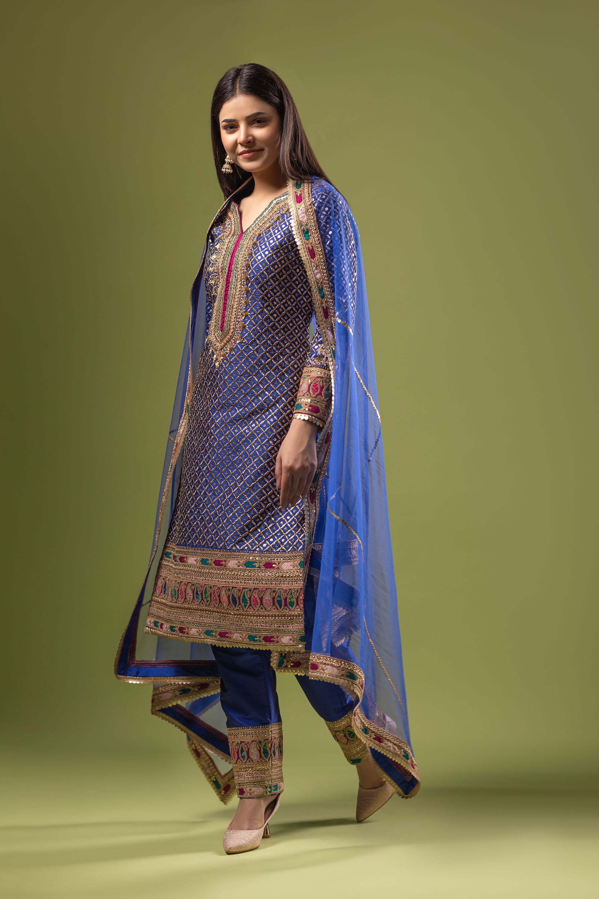 Royal blue silk suit with multi embroidery