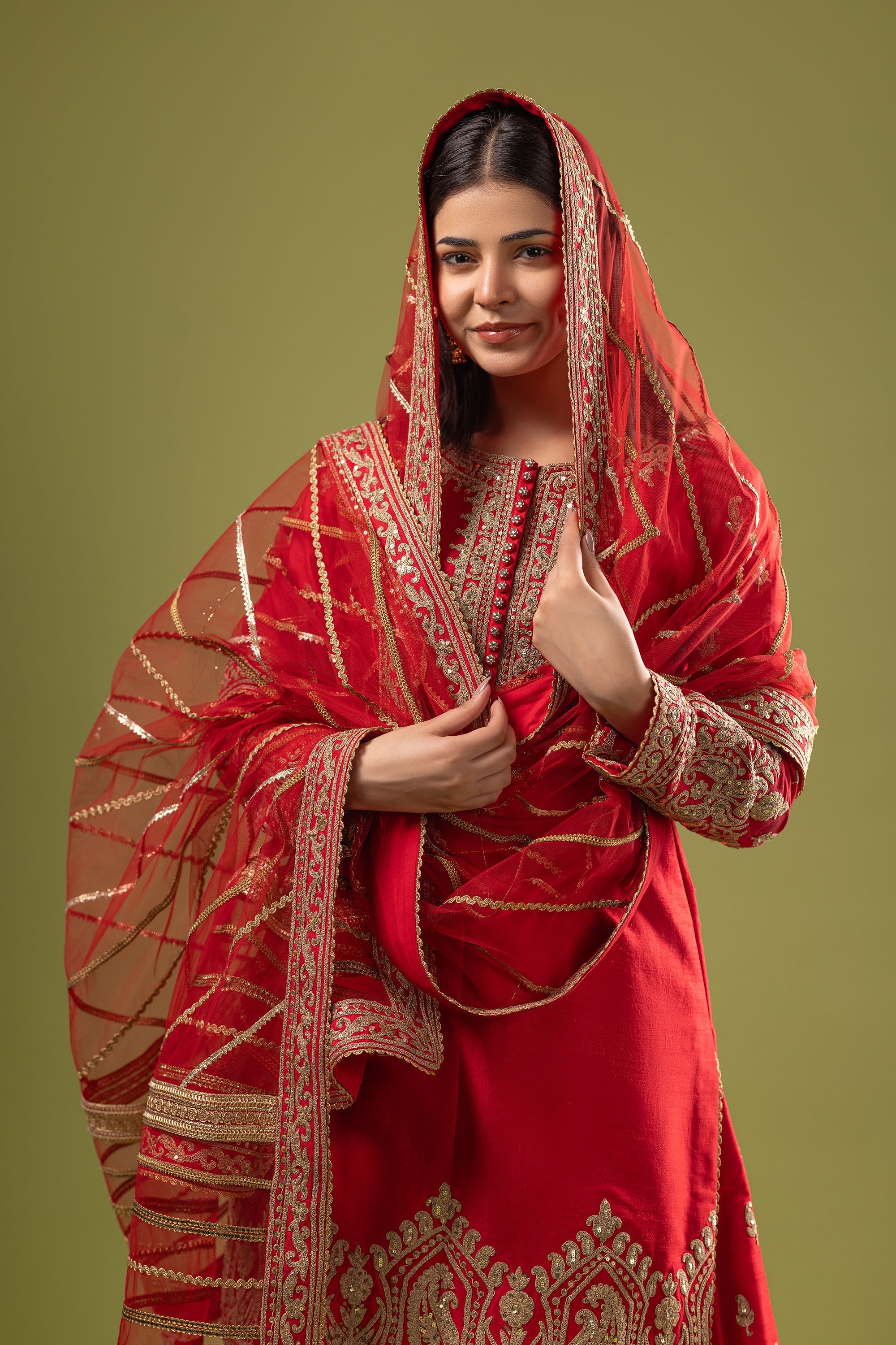 Red raw silk short shirt with sharara