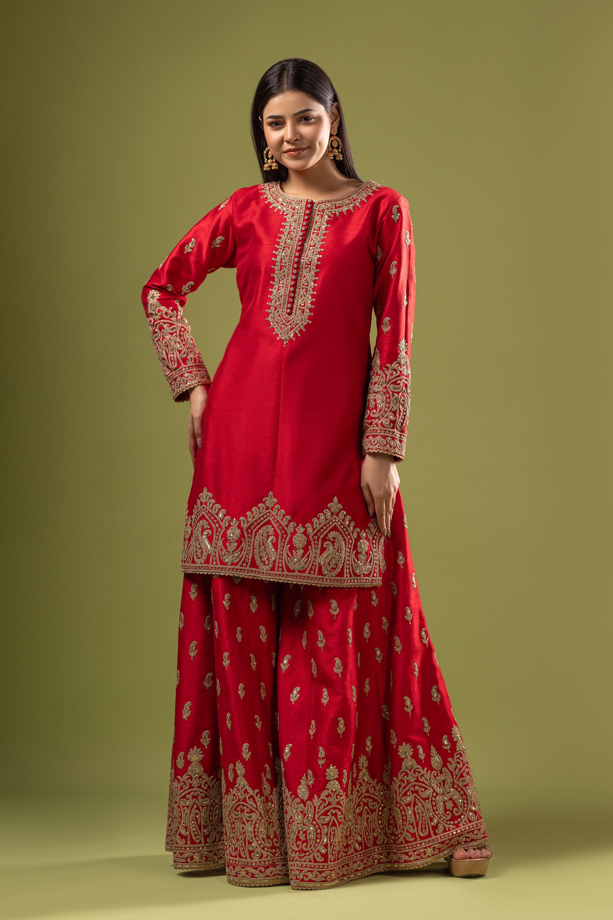 Red raw silk short shirt with sharara