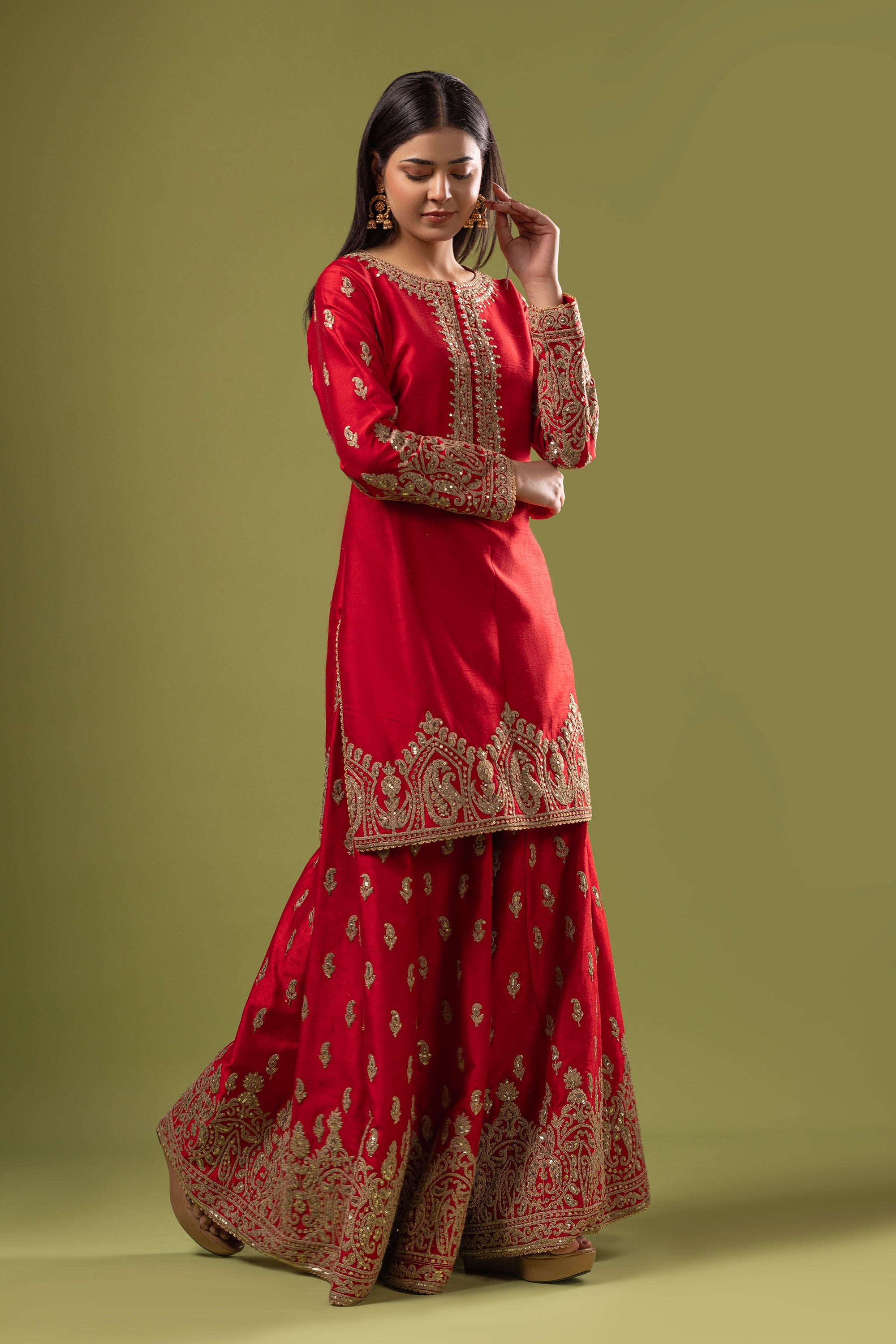 Red raw silk short shirt with sharara