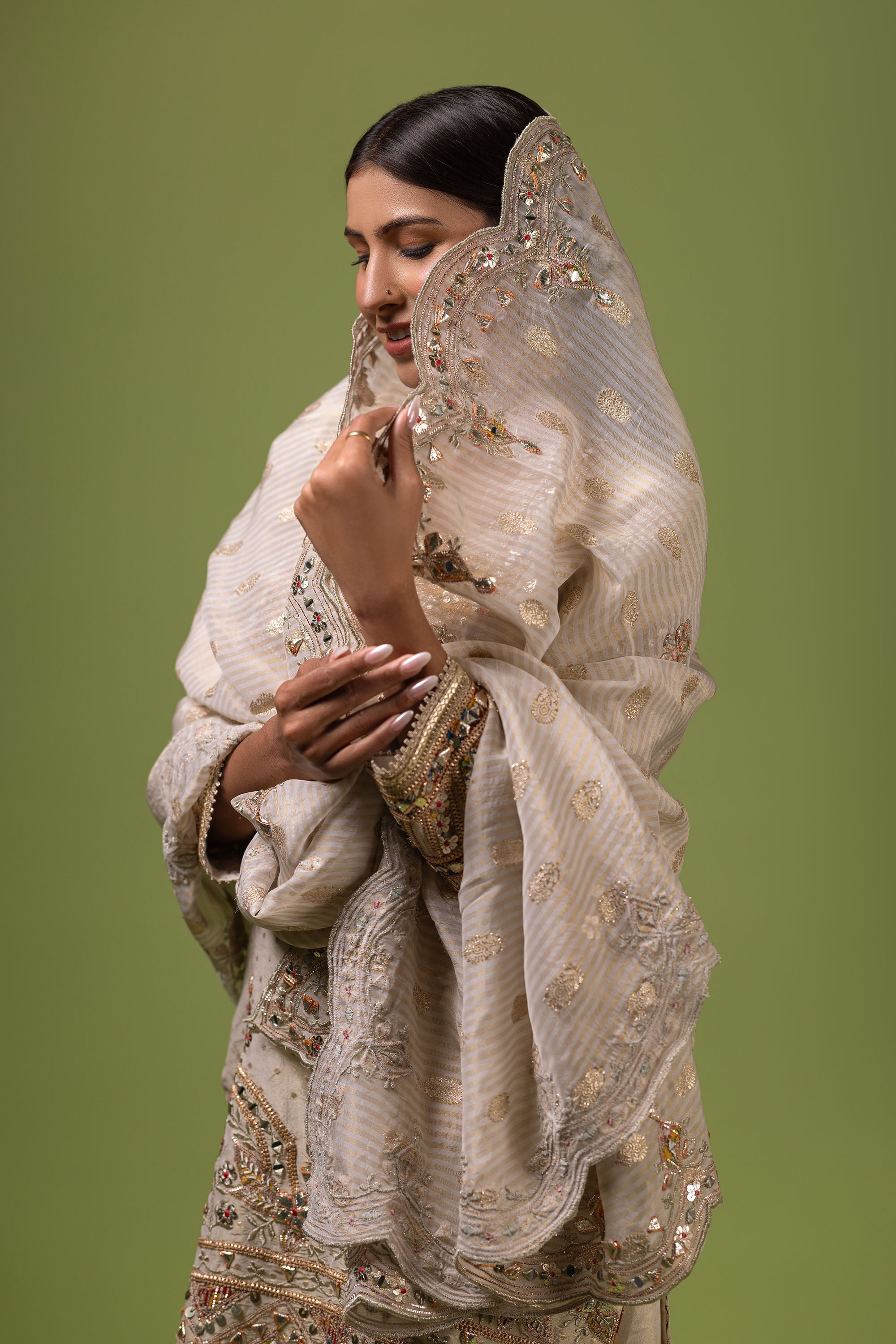 Ivory banarasi silk suit with gota