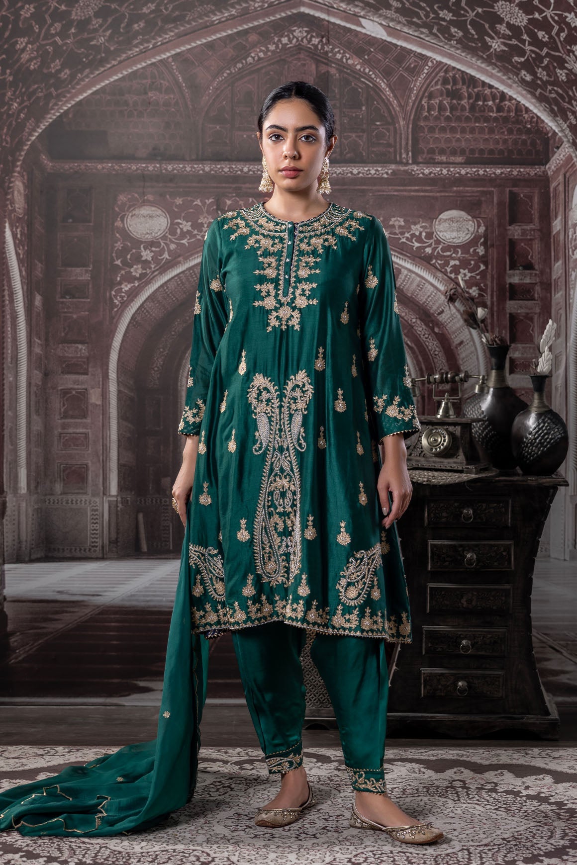 Shahana Chanderi- Satin Green Ensemble