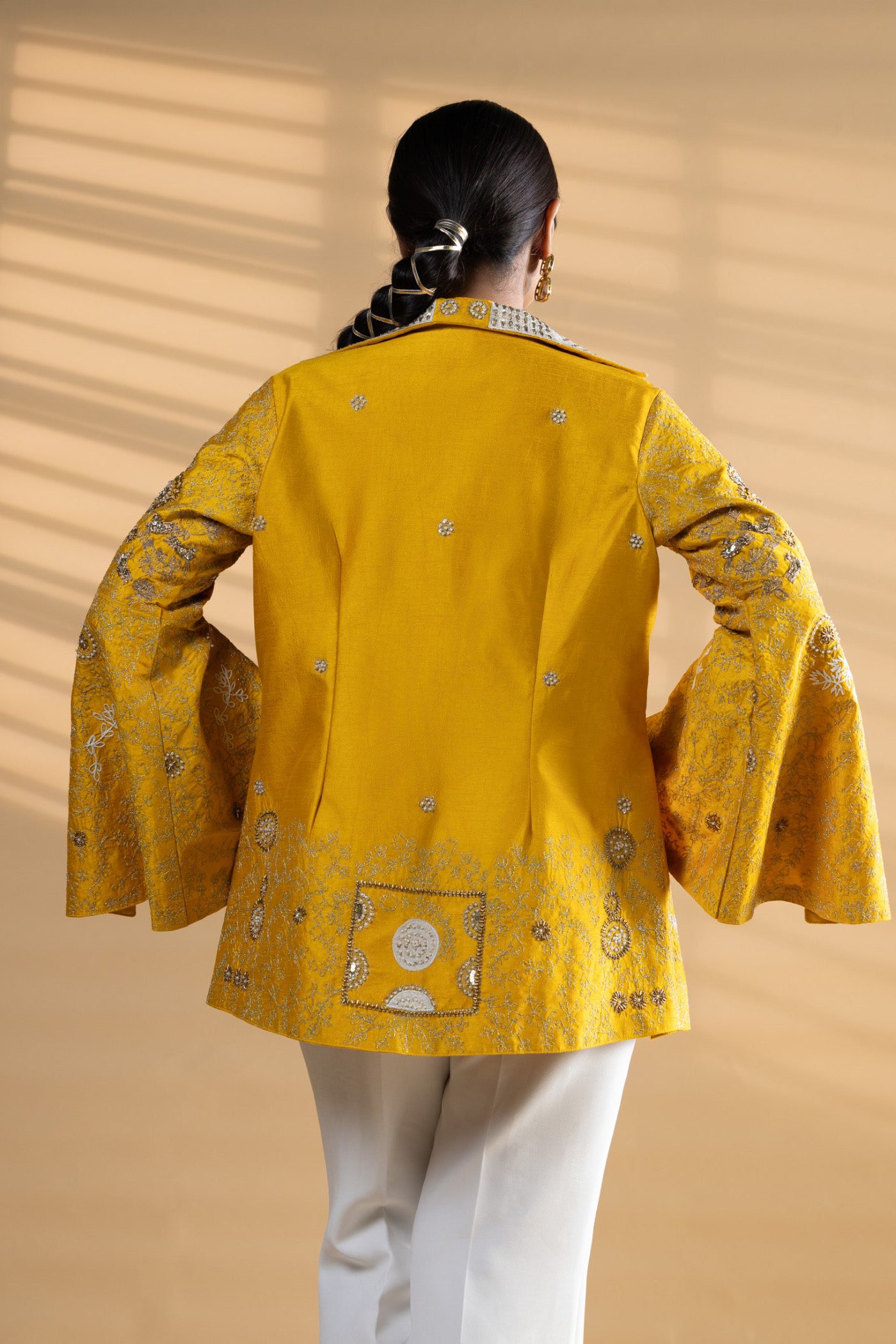 Mustard raw silk Embroidered Jacket set