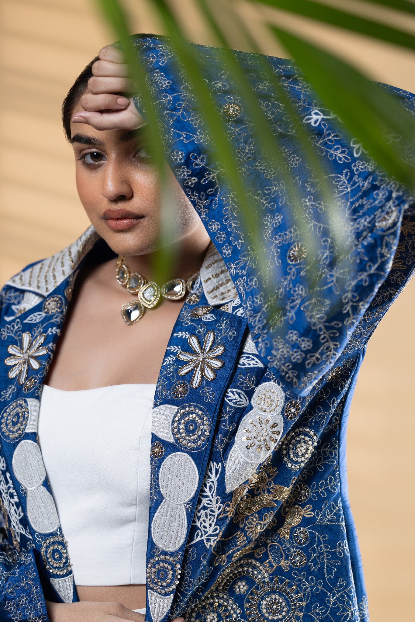 Blue raw silk Embroidered Jacket set