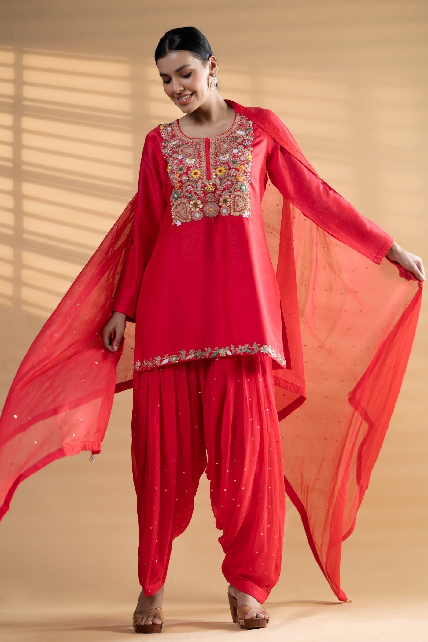 Coral red Embroidered kurta set