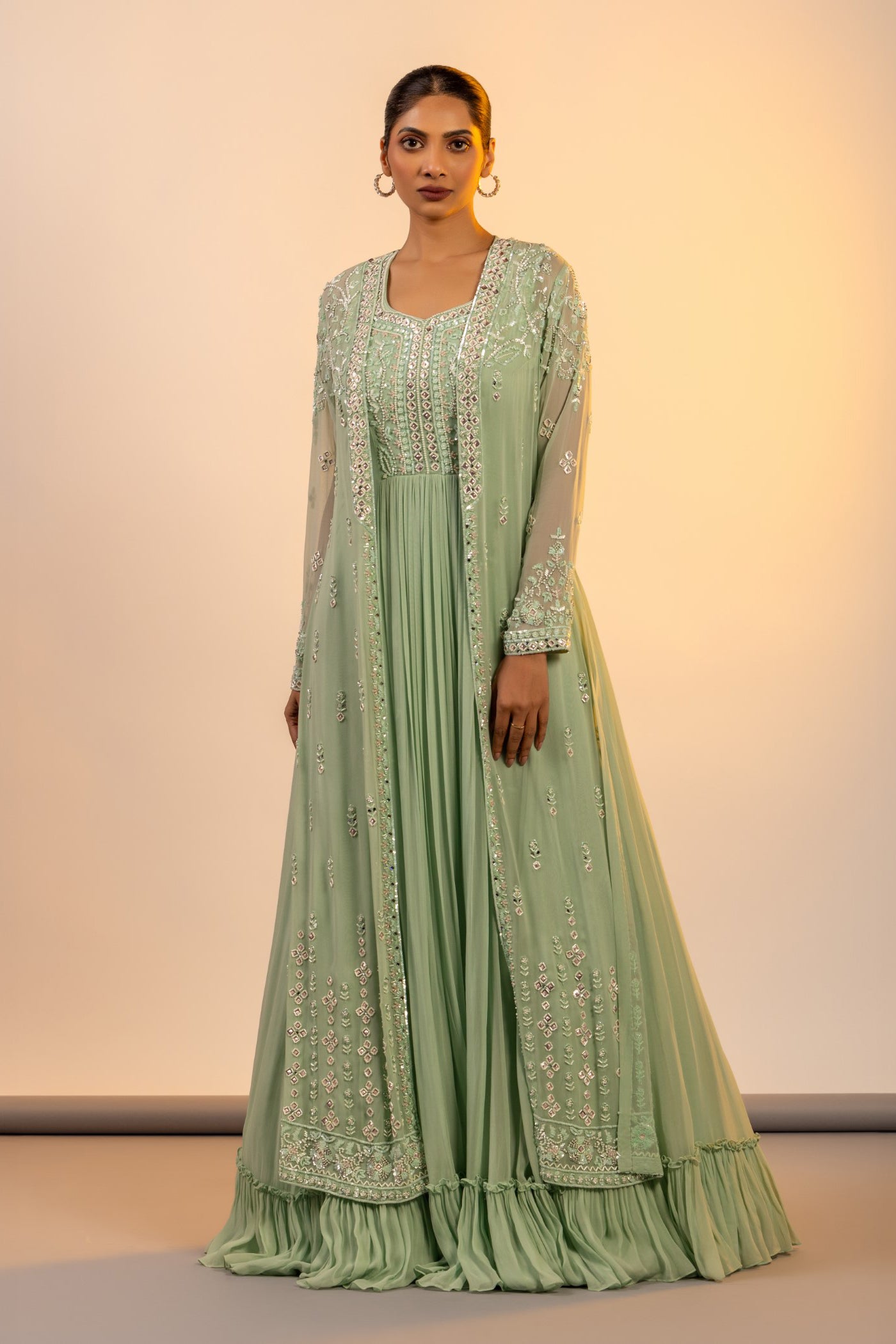 Pista green patra work straight suit with sharara and jacket