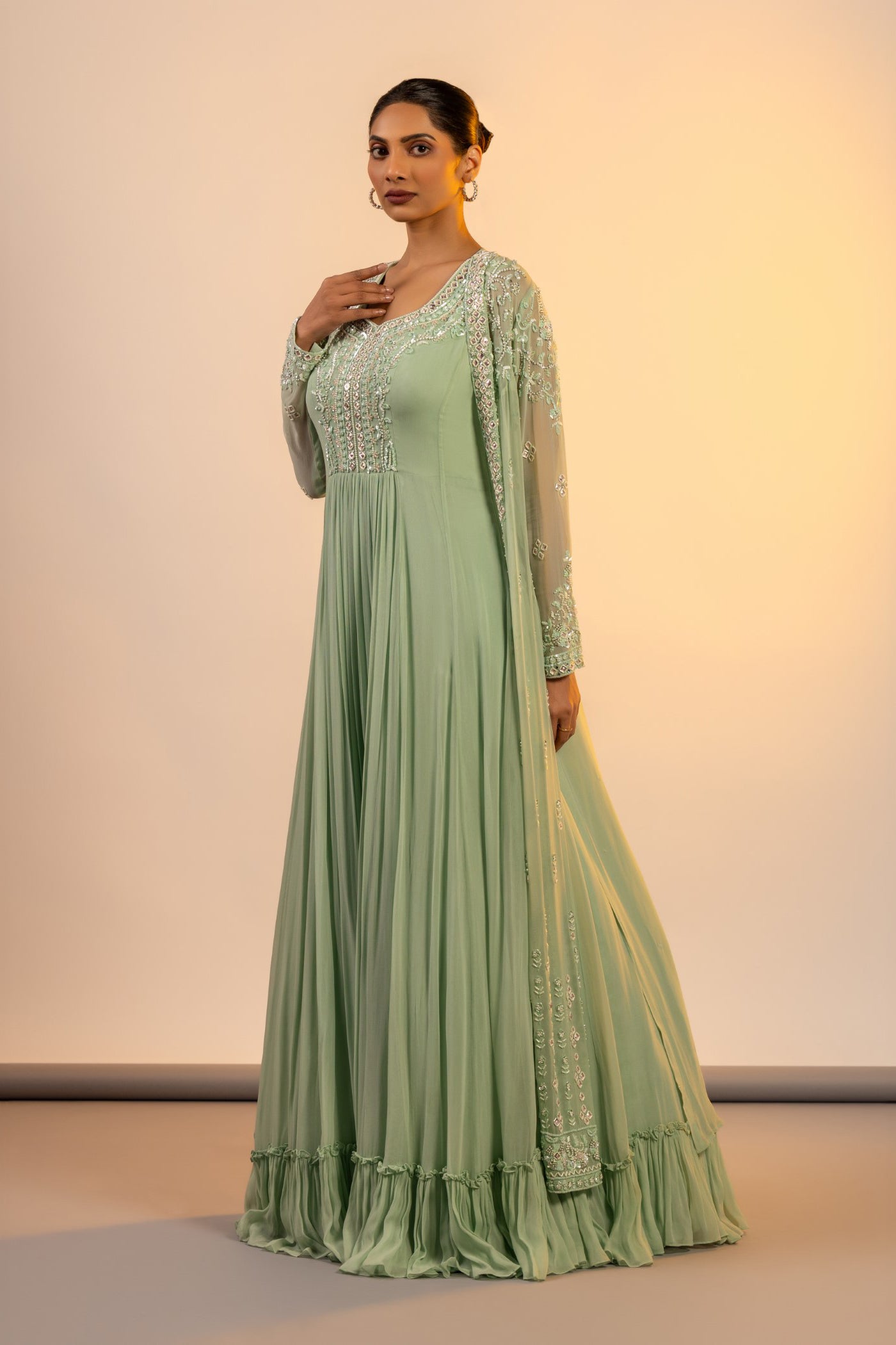 Pista green patra work straight suit with sharara and jacket