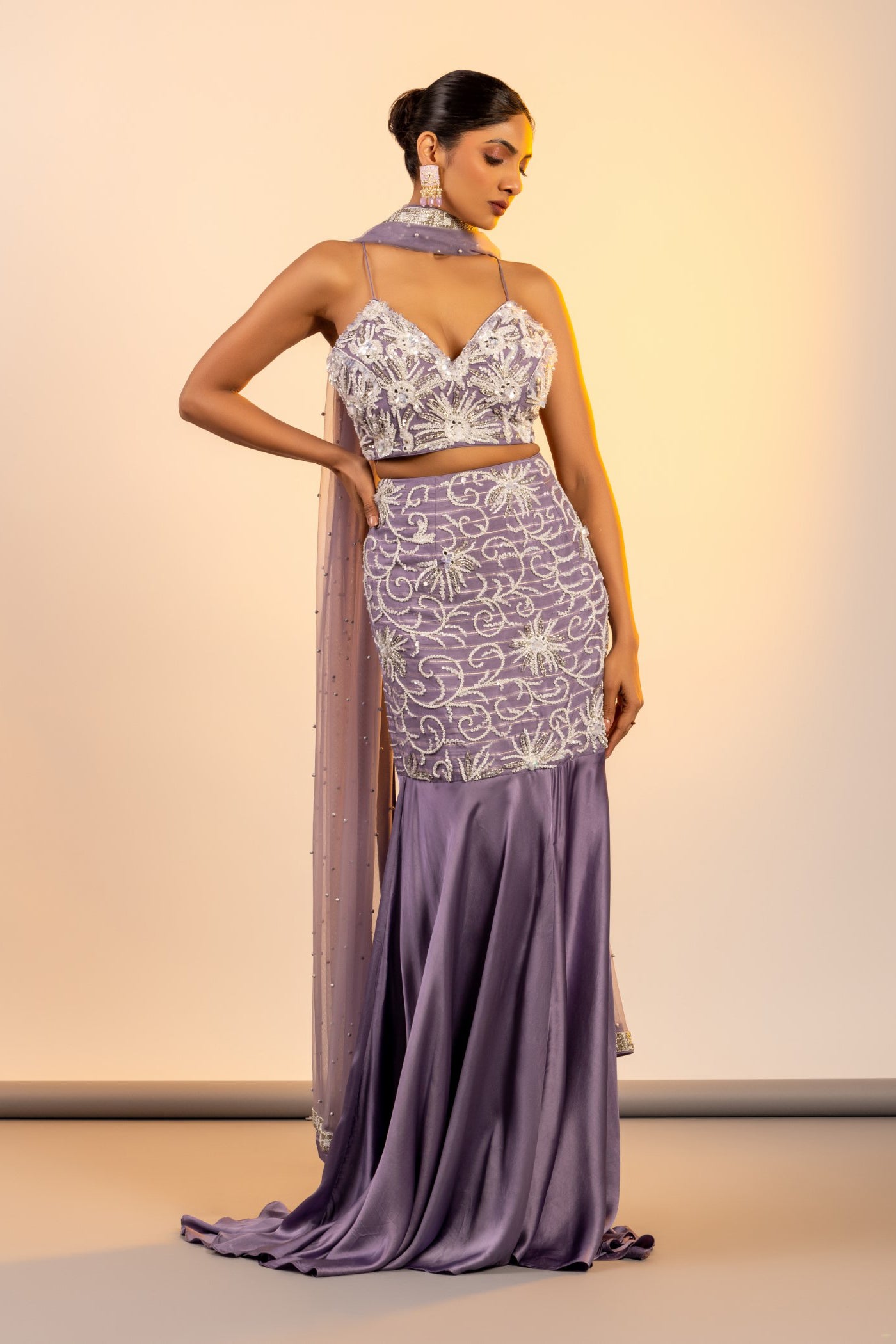 Lavendar crop top and skirt with cutdana