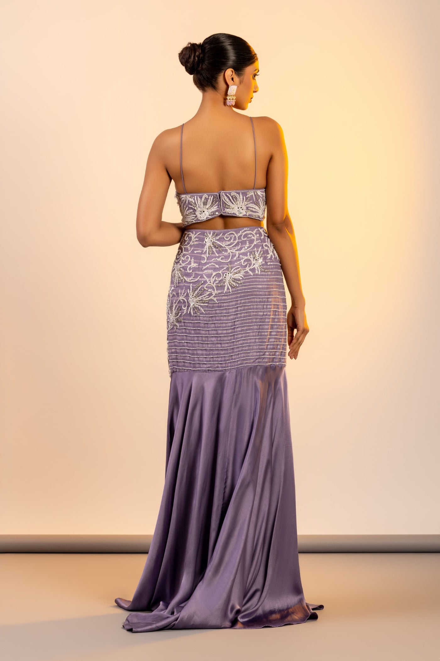 Lavendar crop top and skirt with cutdana