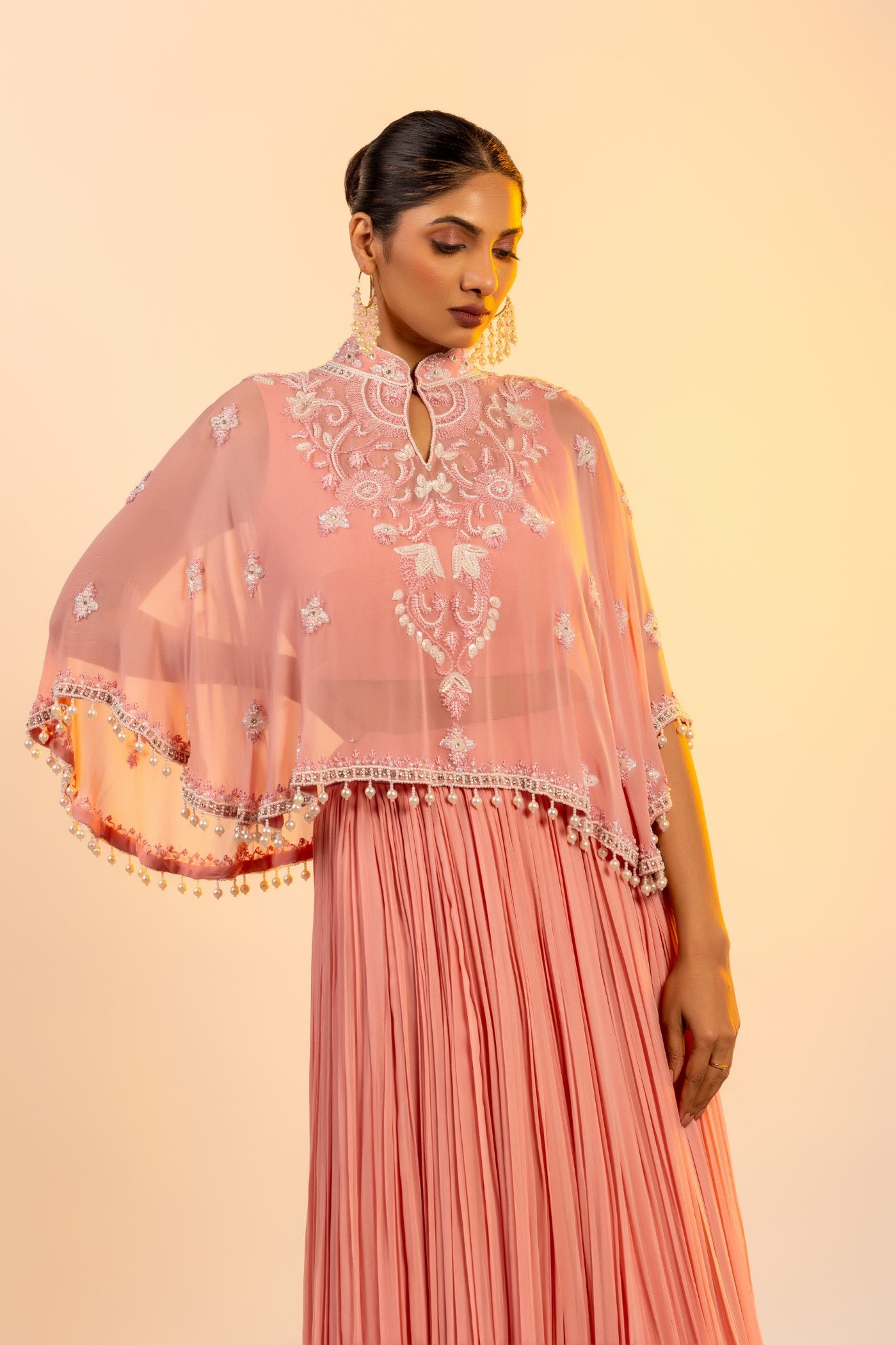 Pink georgette crop top and skirt with poncho