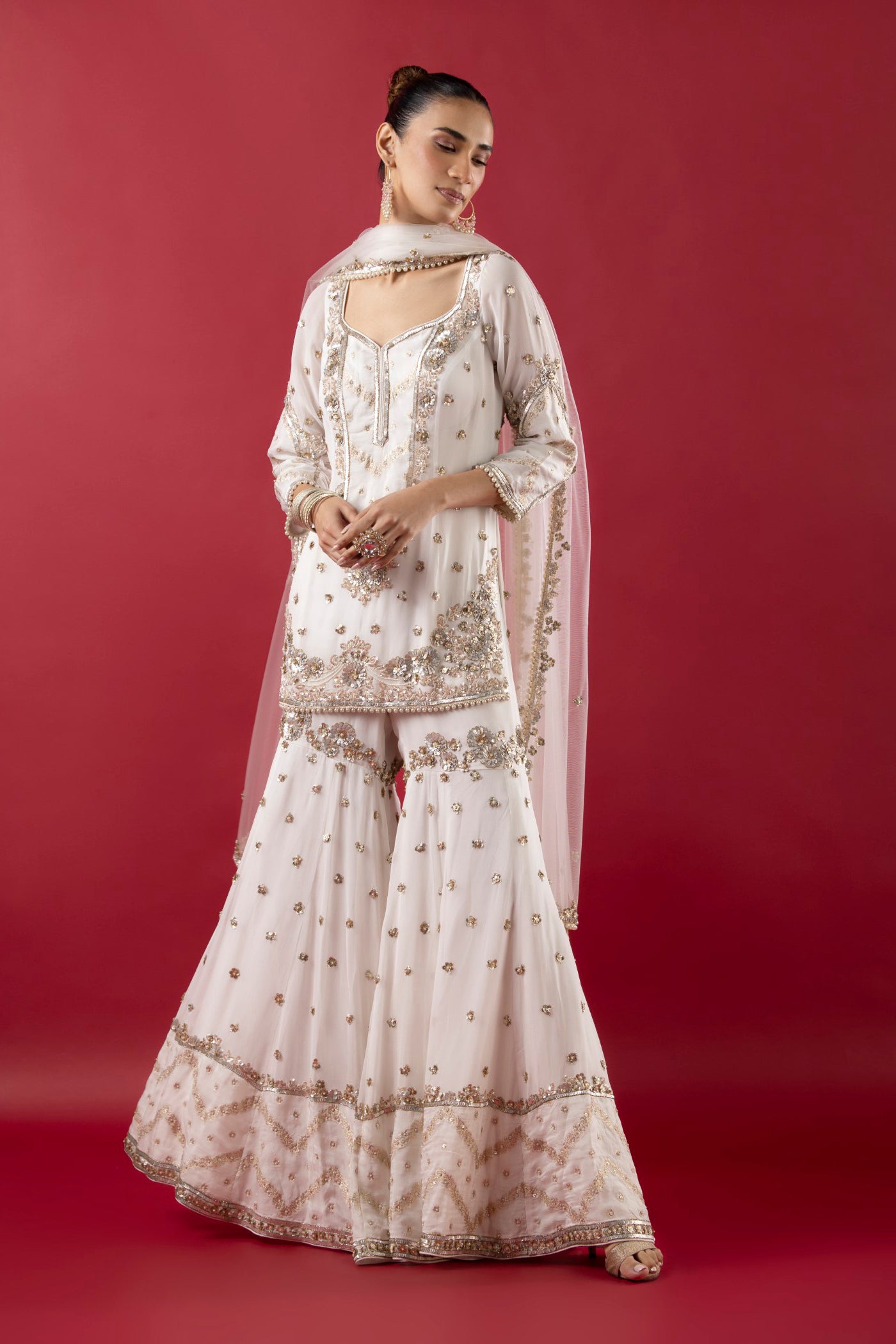 White Georgette Gharara Suit With Pearl, Sequins And Poth Work