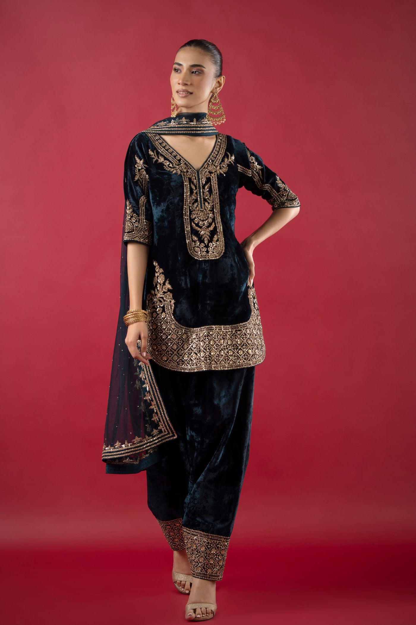 Velvet Blue Salwar Suit With Duppata On Cutdana