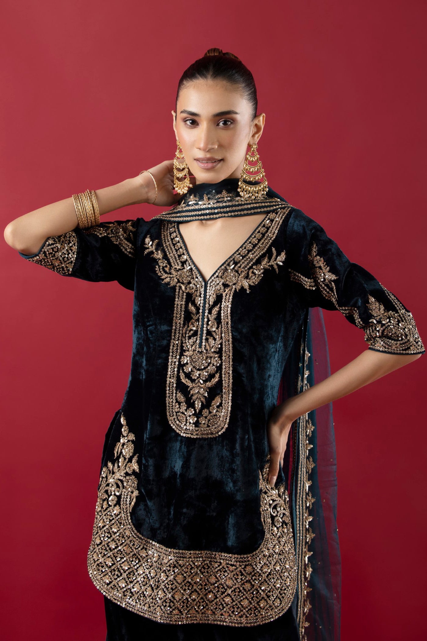 Velvet Blue Salwar Suit With Duppata On Cutdana