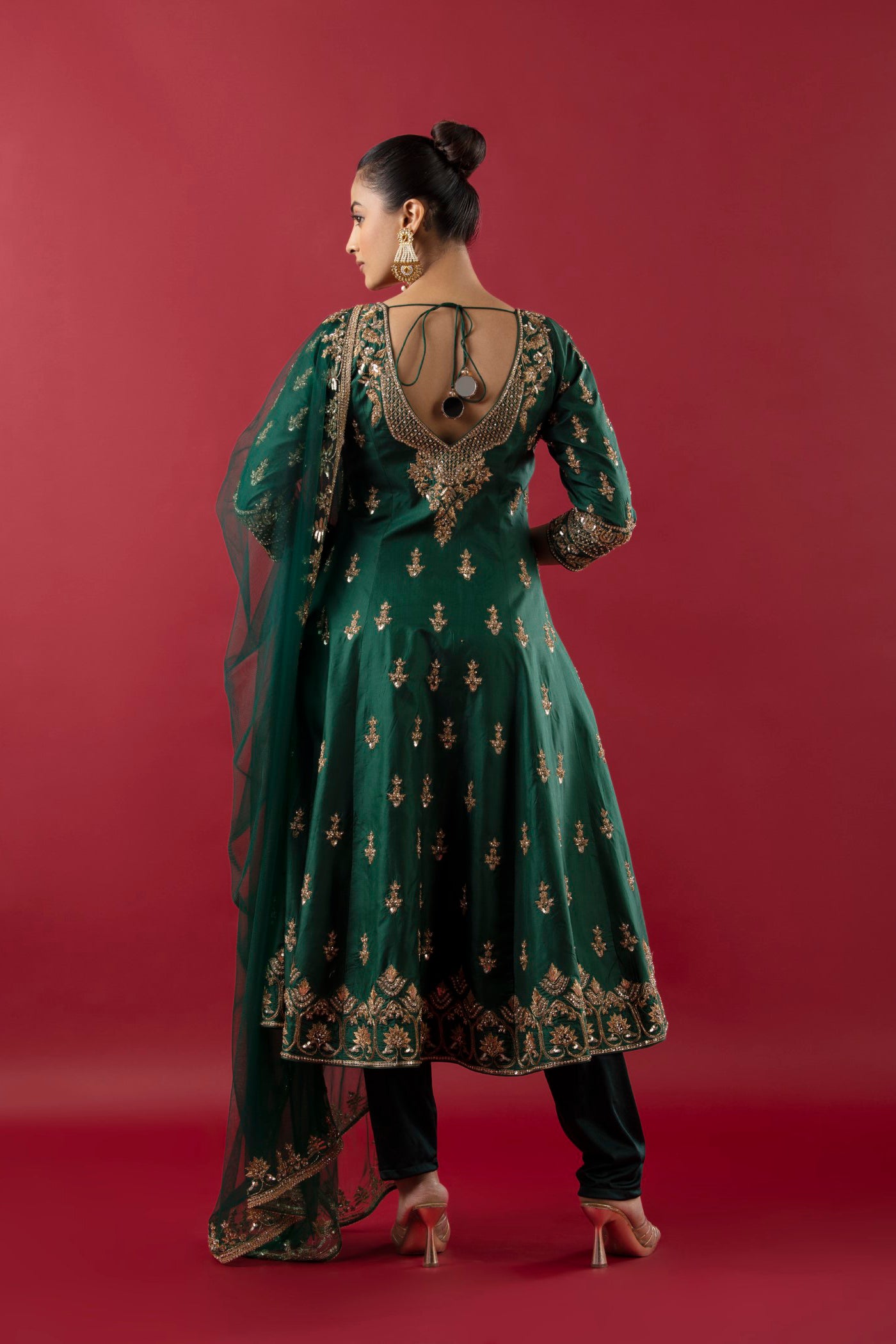 Bottle Green Short Anarkali With Nakshi And Sequins Kaam