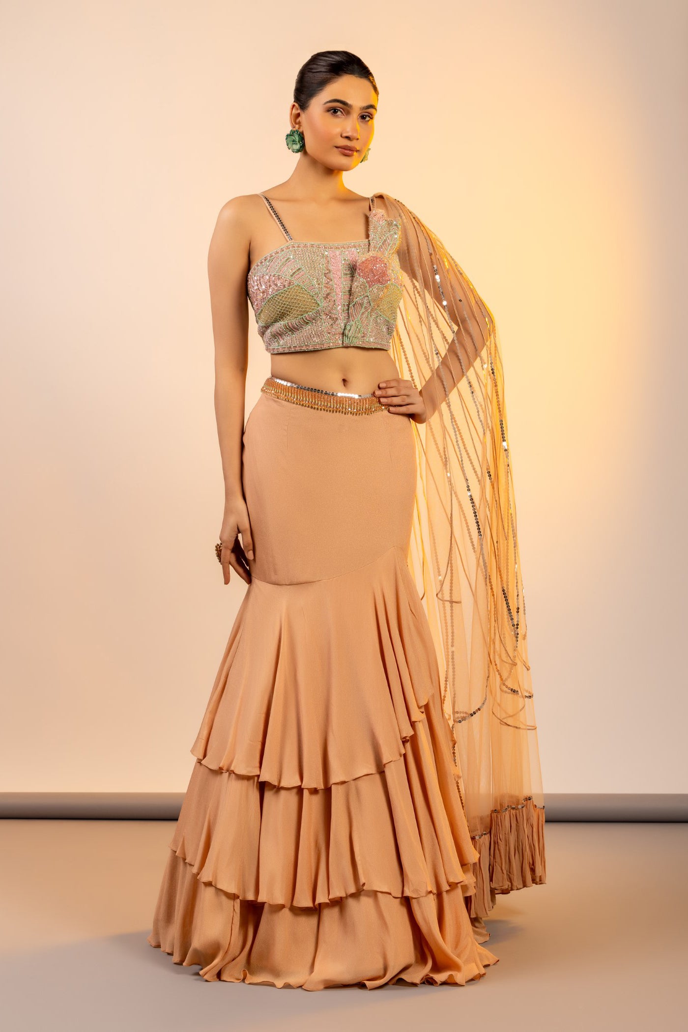 Gold georgette crop top and skirt