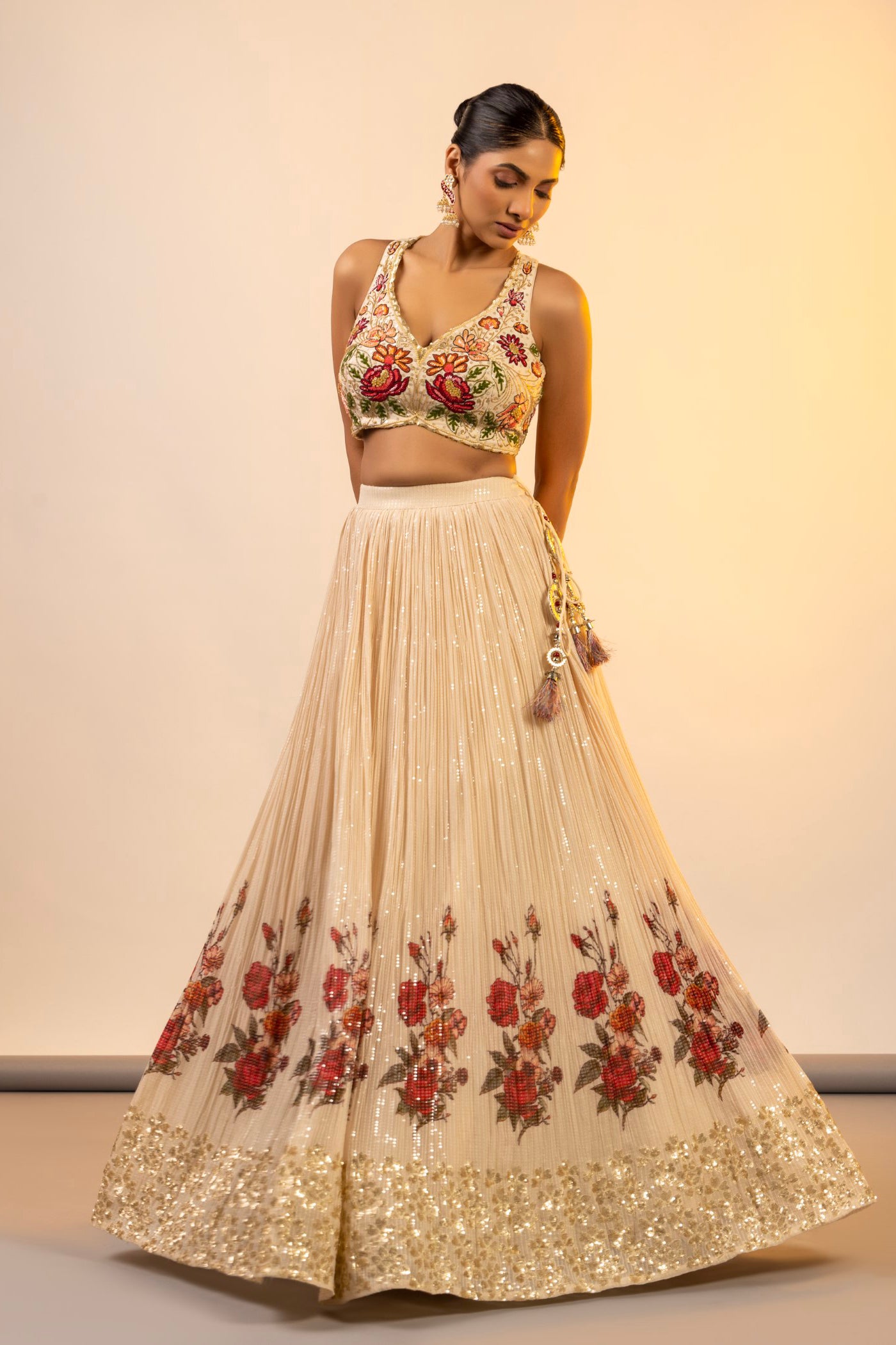 Ivory Georgette Crop Top And Skirt With Multi Thread Work