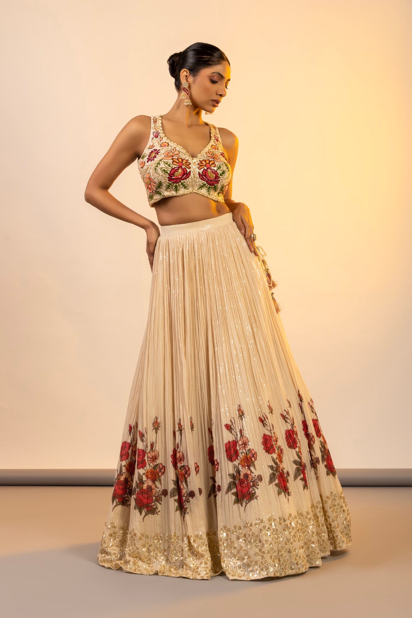 Ivory Georgette Crop Top And Skirt With Multi Thread Work