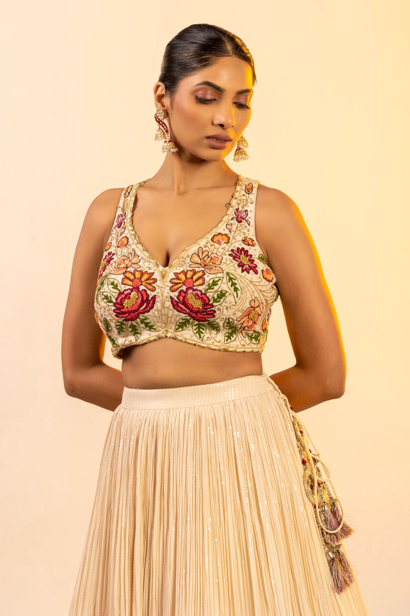 Ivory Georgette Crop Top And Skirt With Multi Thread Work