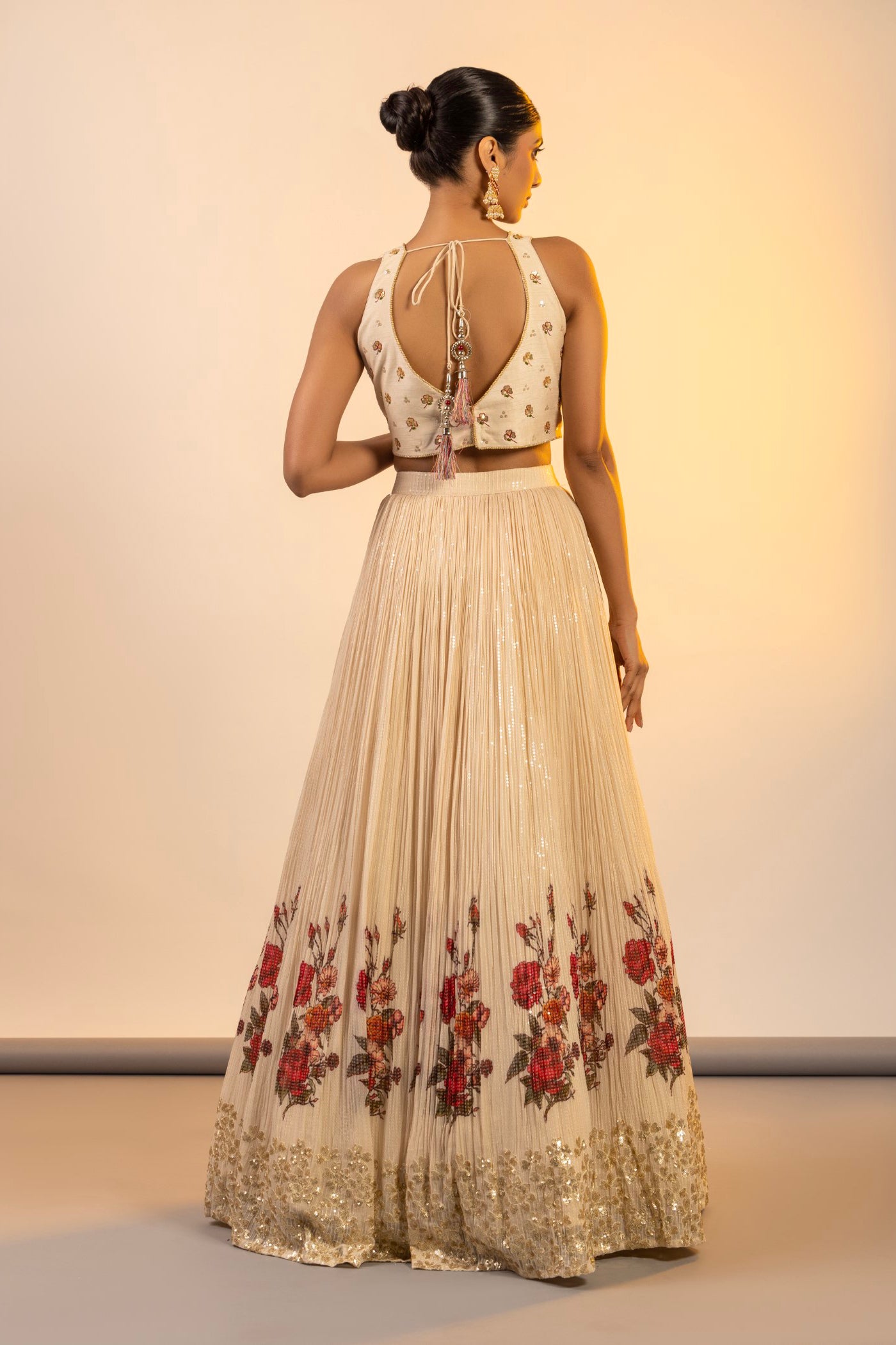 Ivory Georgette Crop Top And Skirt With Multi Thread Work