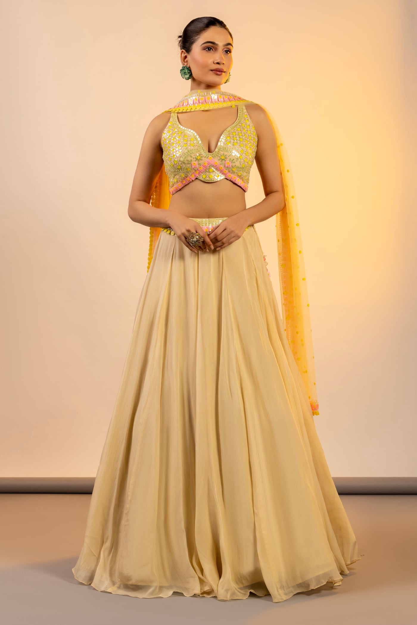 Yellow georgette crop top with skirt and duppata