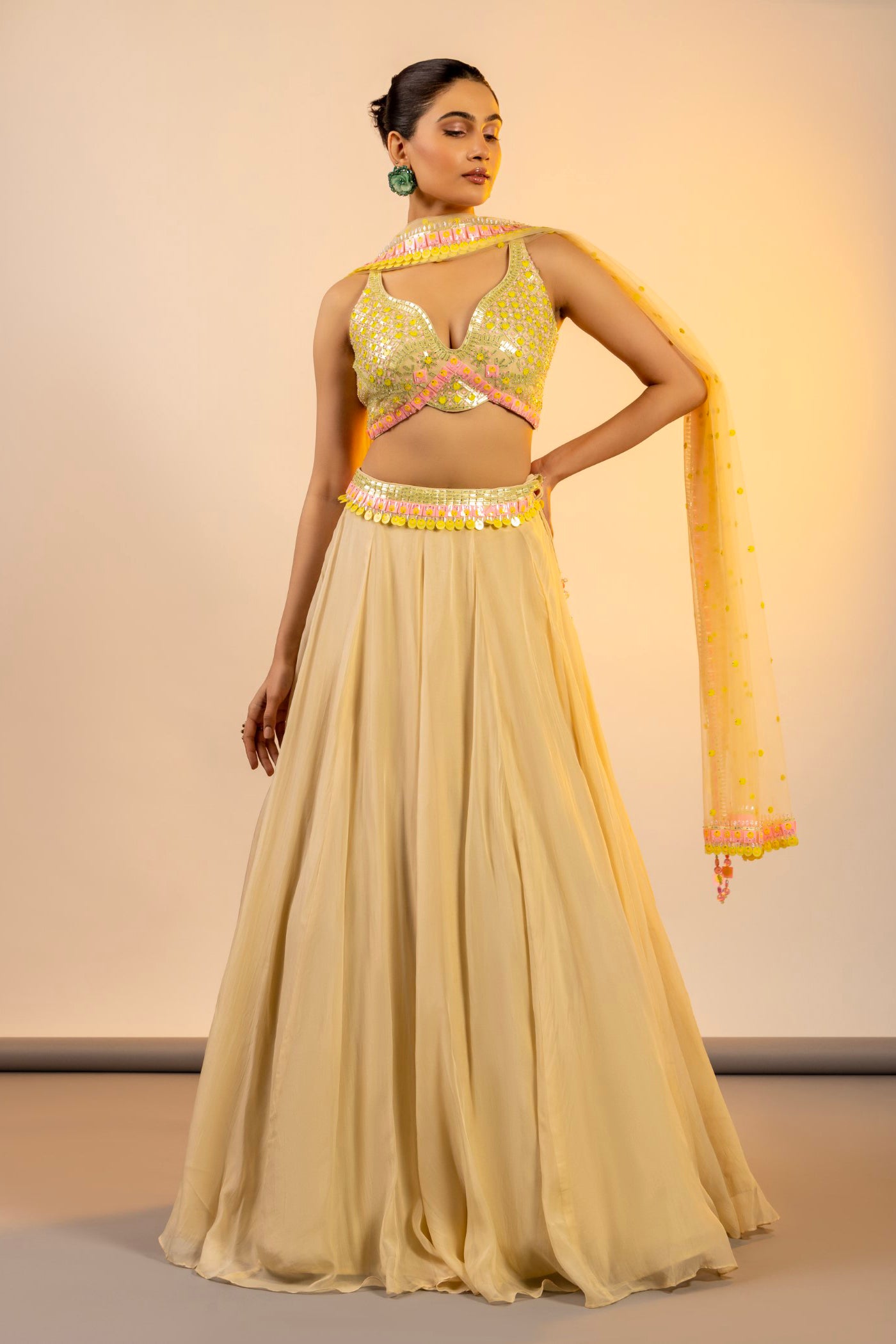 Yellow georgette crop top with skirt and dupatta