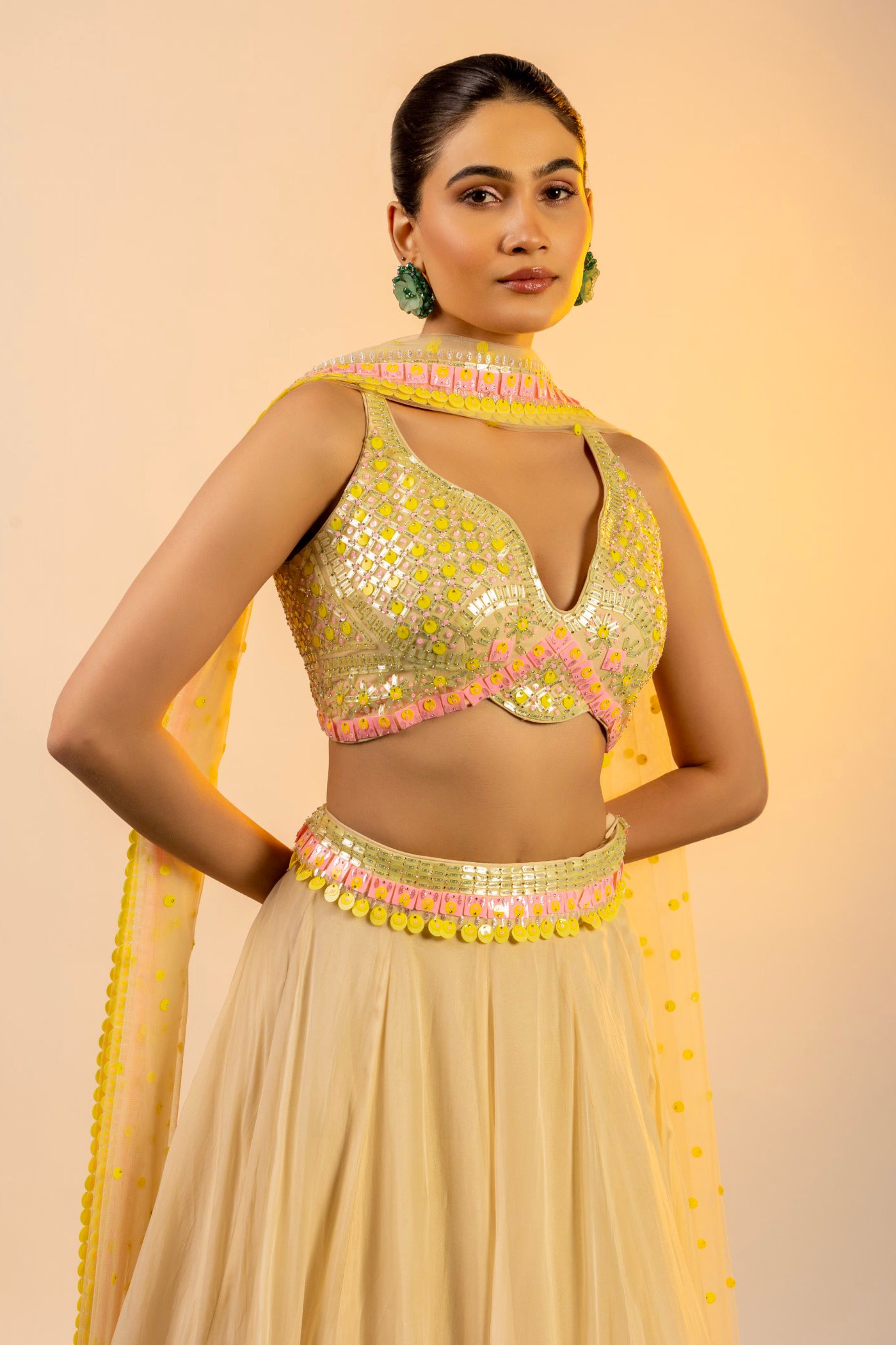 Yellow georgette crop top with skirt and dupatta