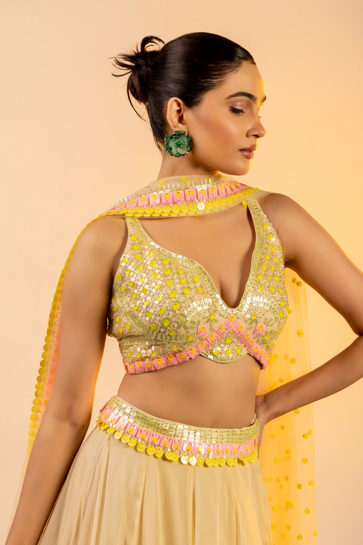 Yellow georgette crop top with skirt and dupatta