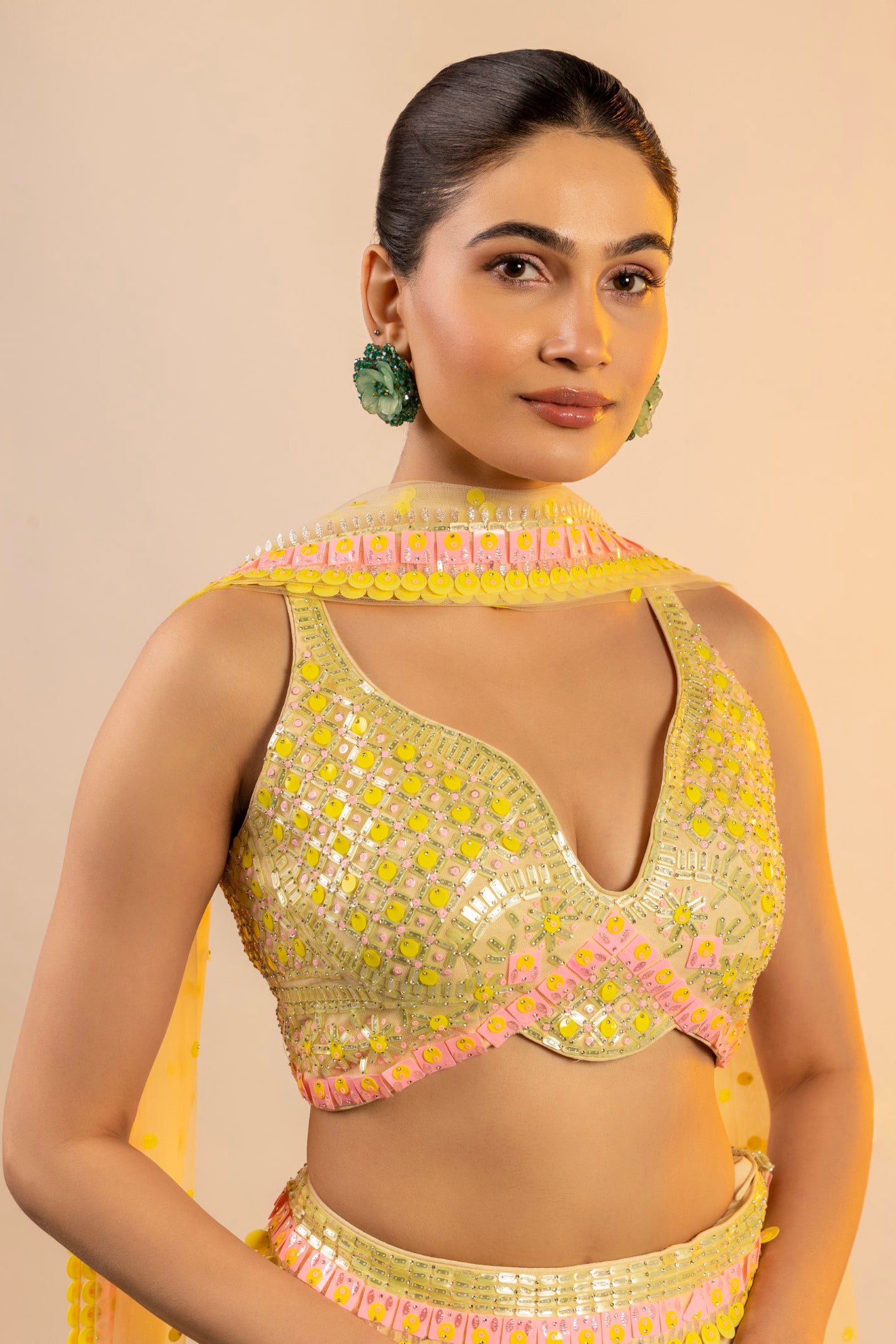 Yellow georgette crop top with skirt and dupatta