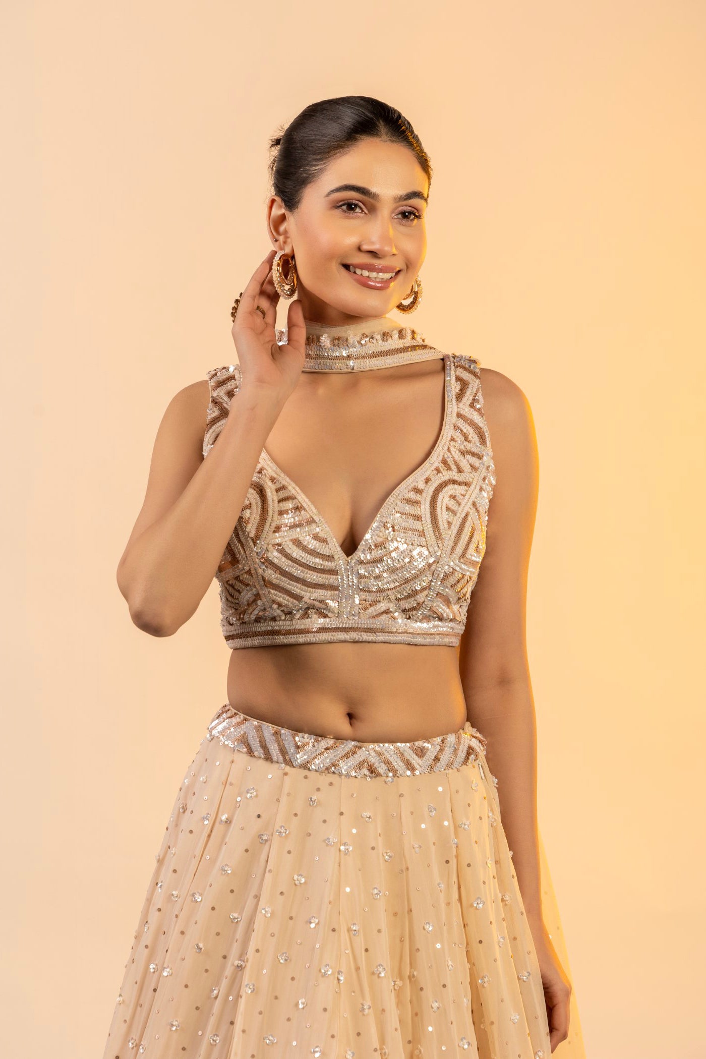 Cream Georgette Crop top and skirt with dupatta